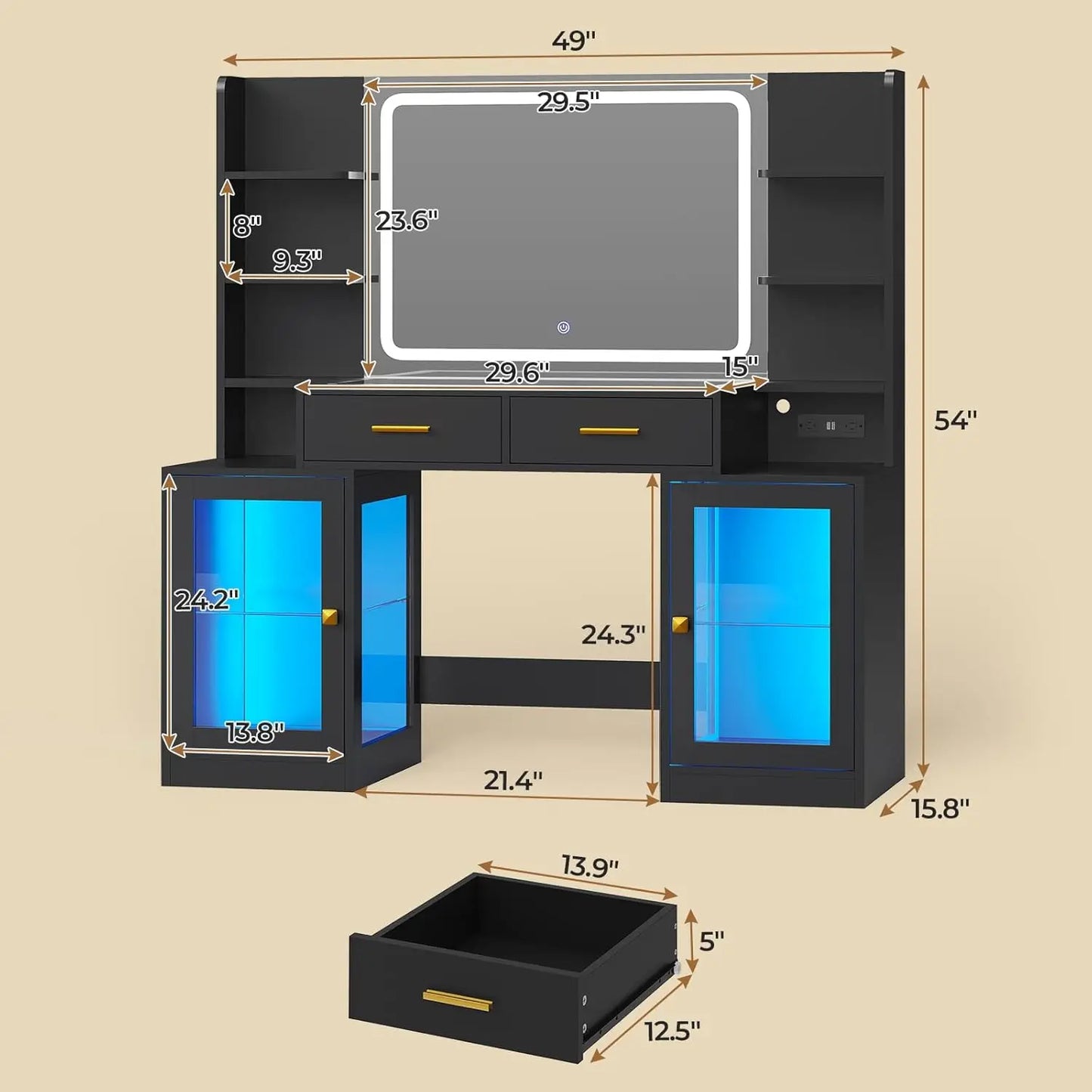 RGB Lighted Makeup Vanity Desk With Mirror And Power Outlet