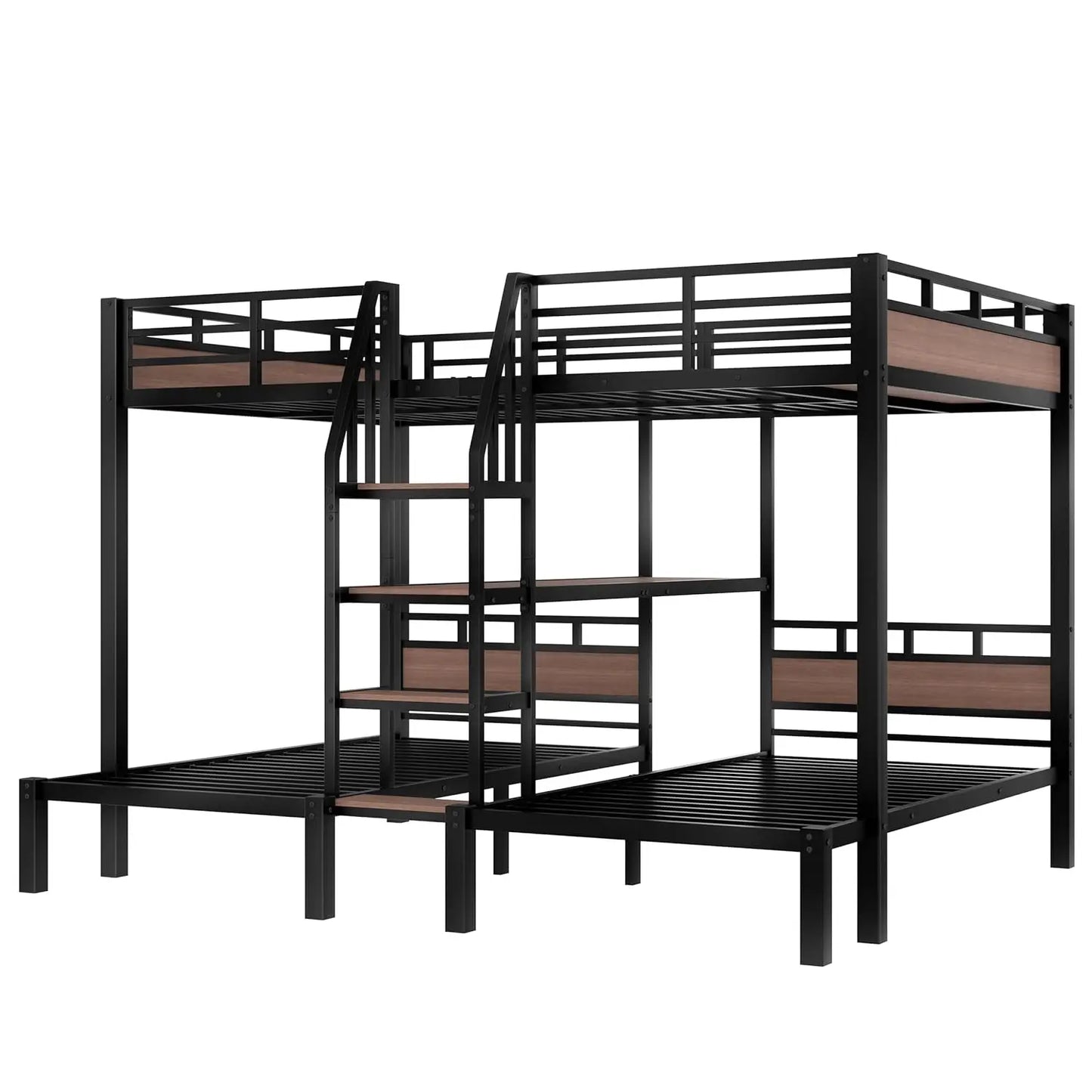 Queen Over Twin Metal Bunk Bed With Storage Stairs Shelves