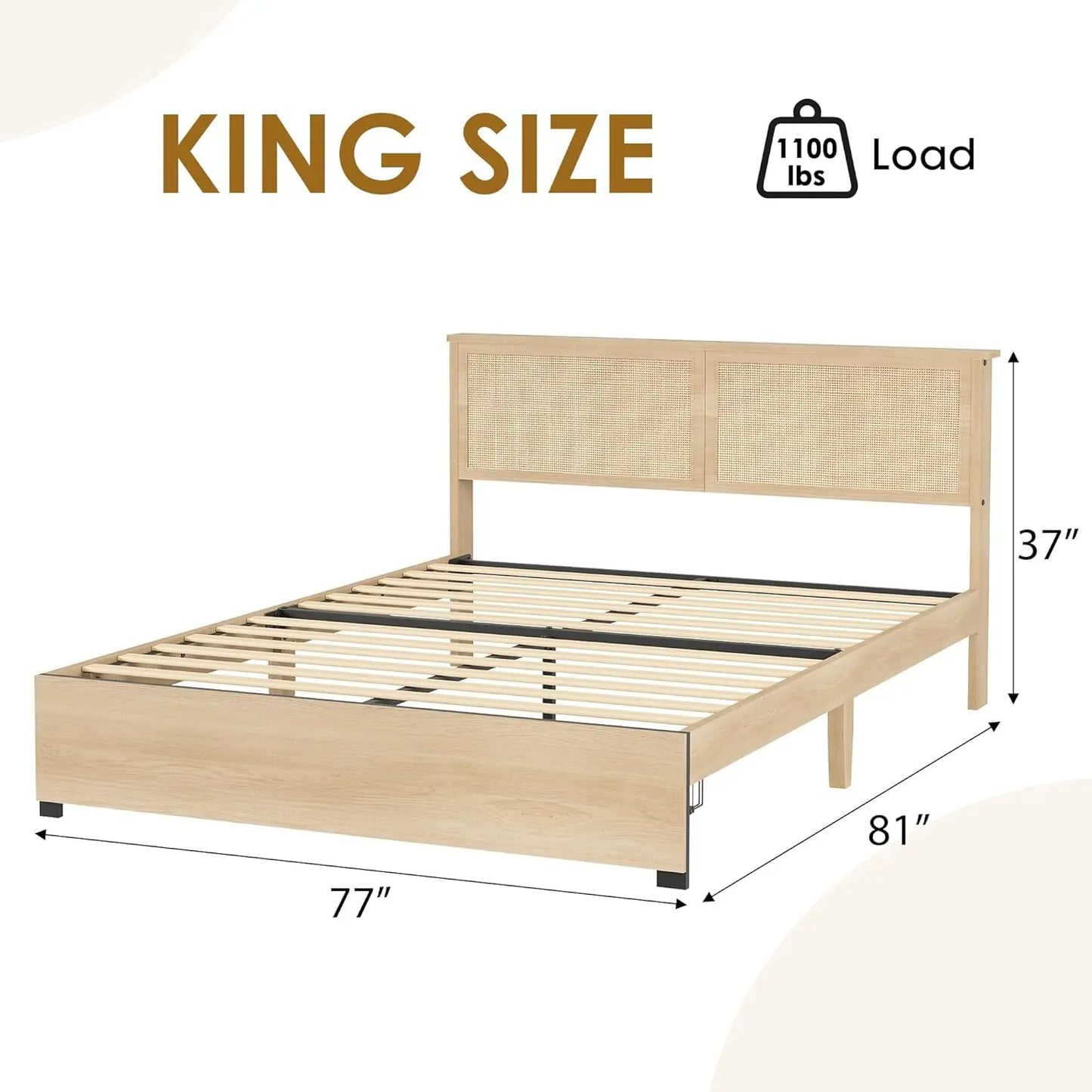 HobbyLane Rattan Bed Frame Boho Cane Headboard Drawer Storage