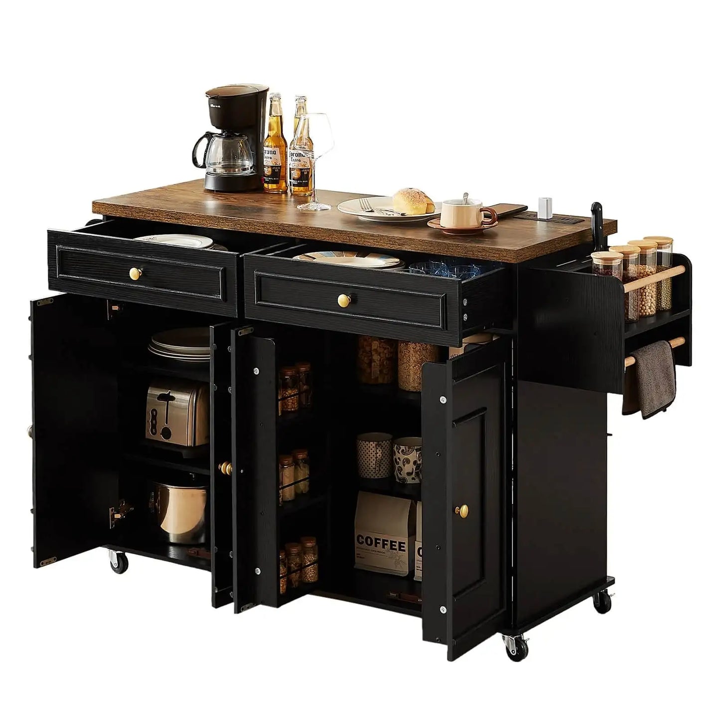Mobile Kitchen Island Trolley With Drop Leaf And Spice Rack