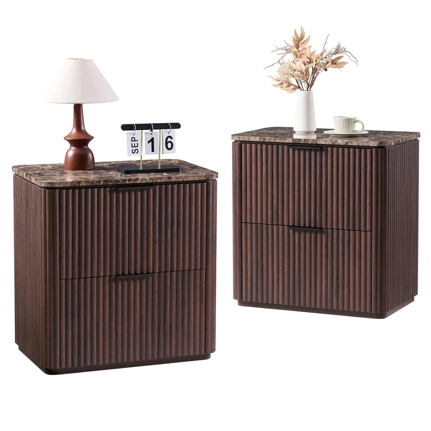 Fluted Nightstand Set Of 2 With Faux Marble Top Drawers