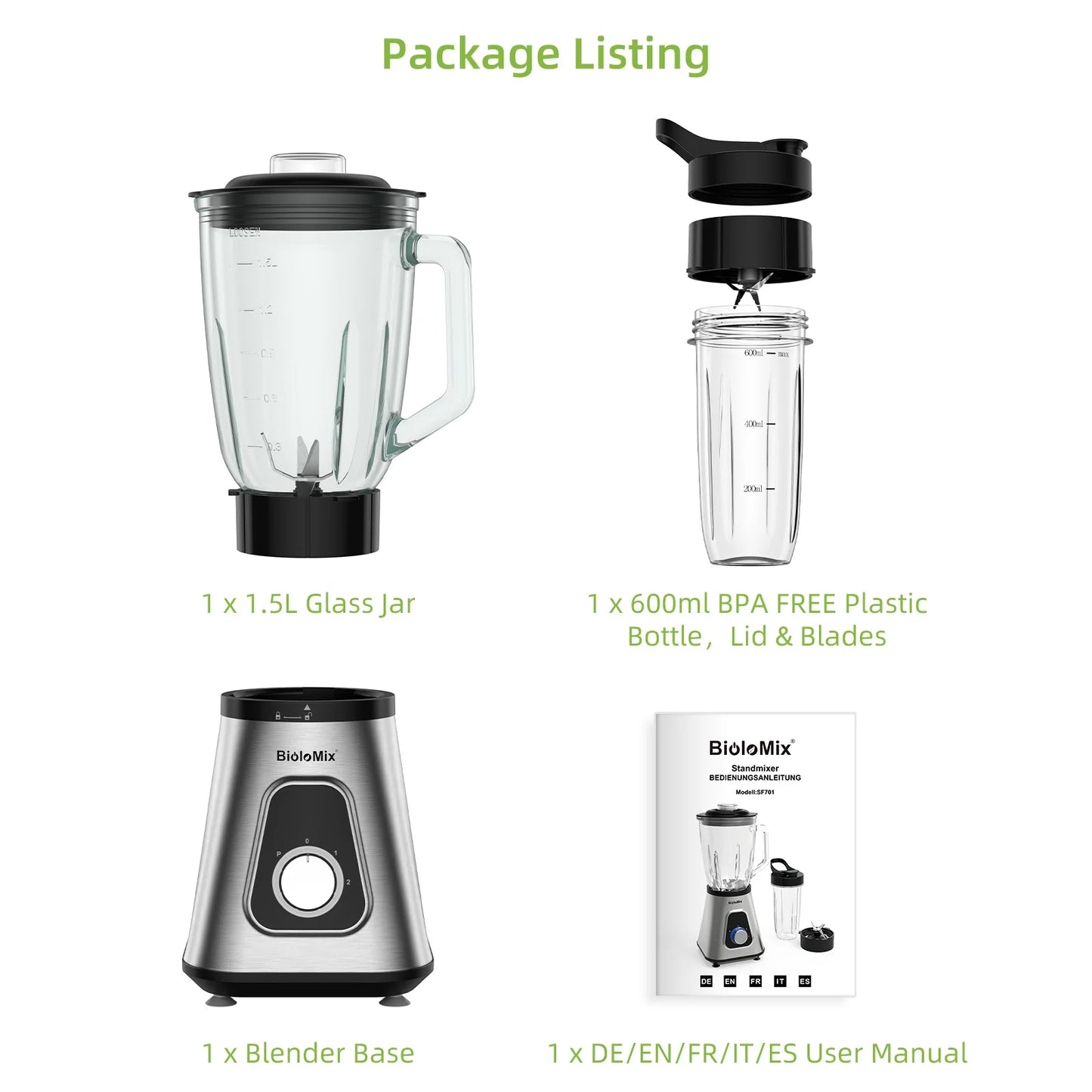 Biolomix 1300W Smoothie Maker With 1.5L Glass Jar For Frozen Drinks