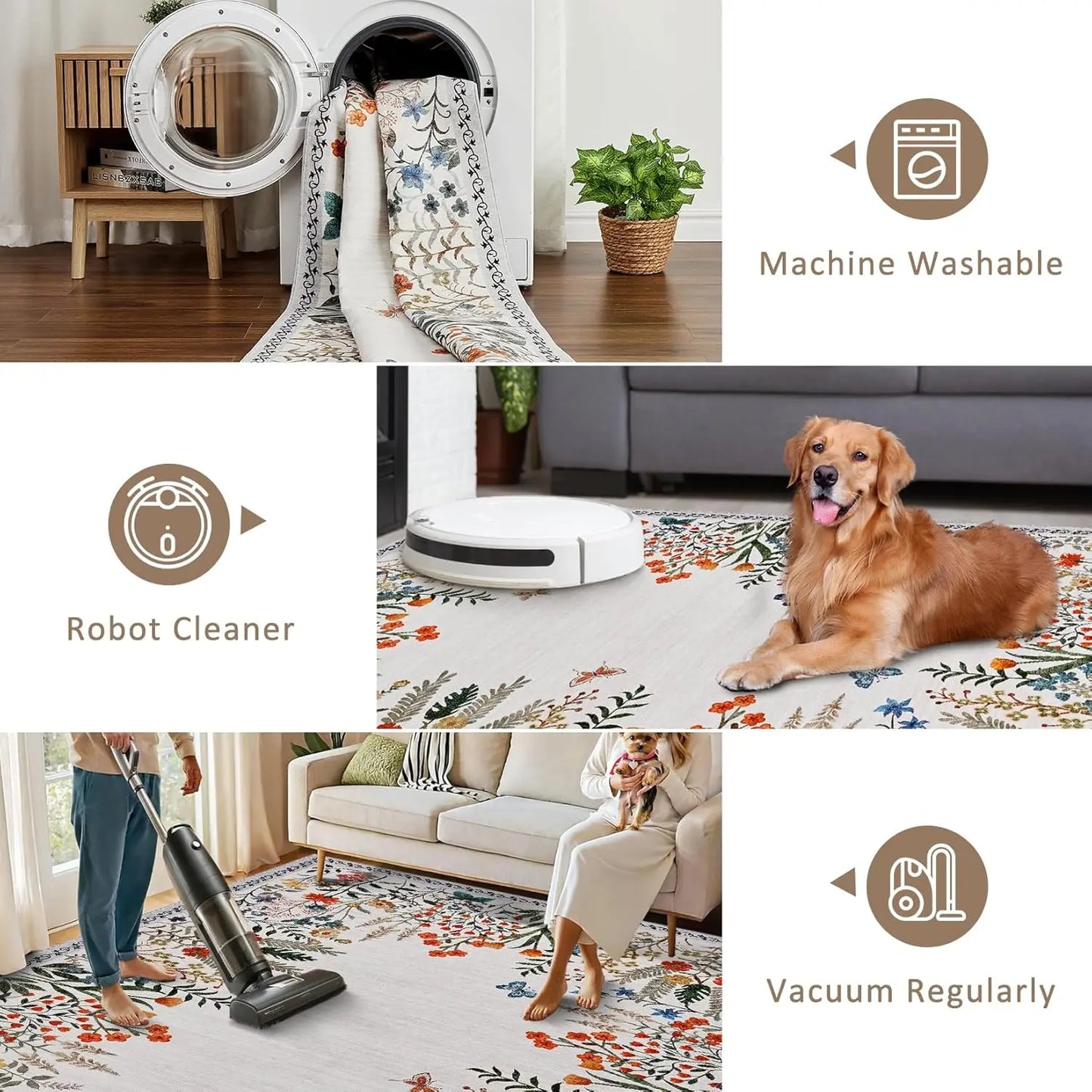 HiMISS Washable Floral Area Rug Non Slip Living Room Hallway Runner