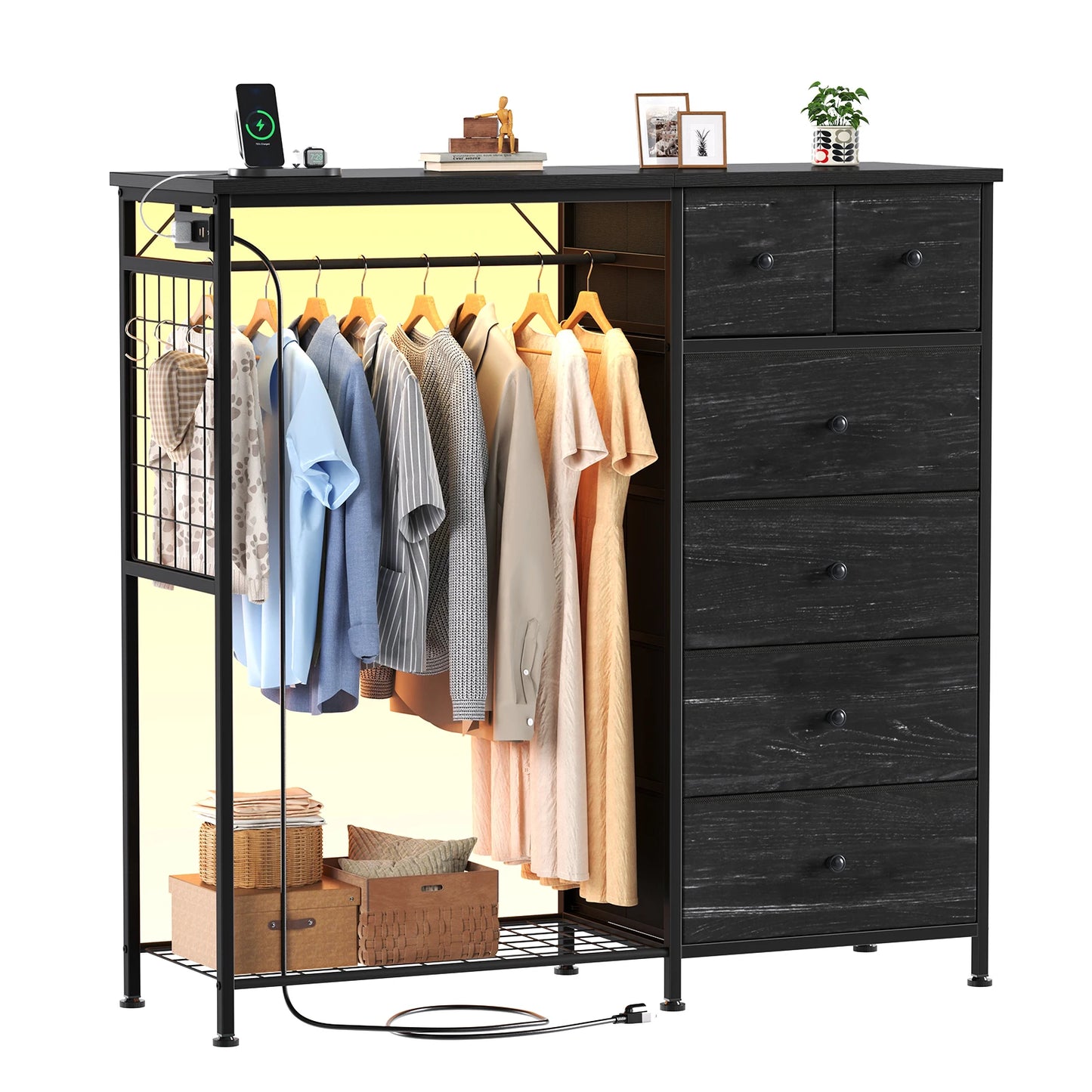 JHK 6 Drawer Dresser With Hanging Rack And LED Lights