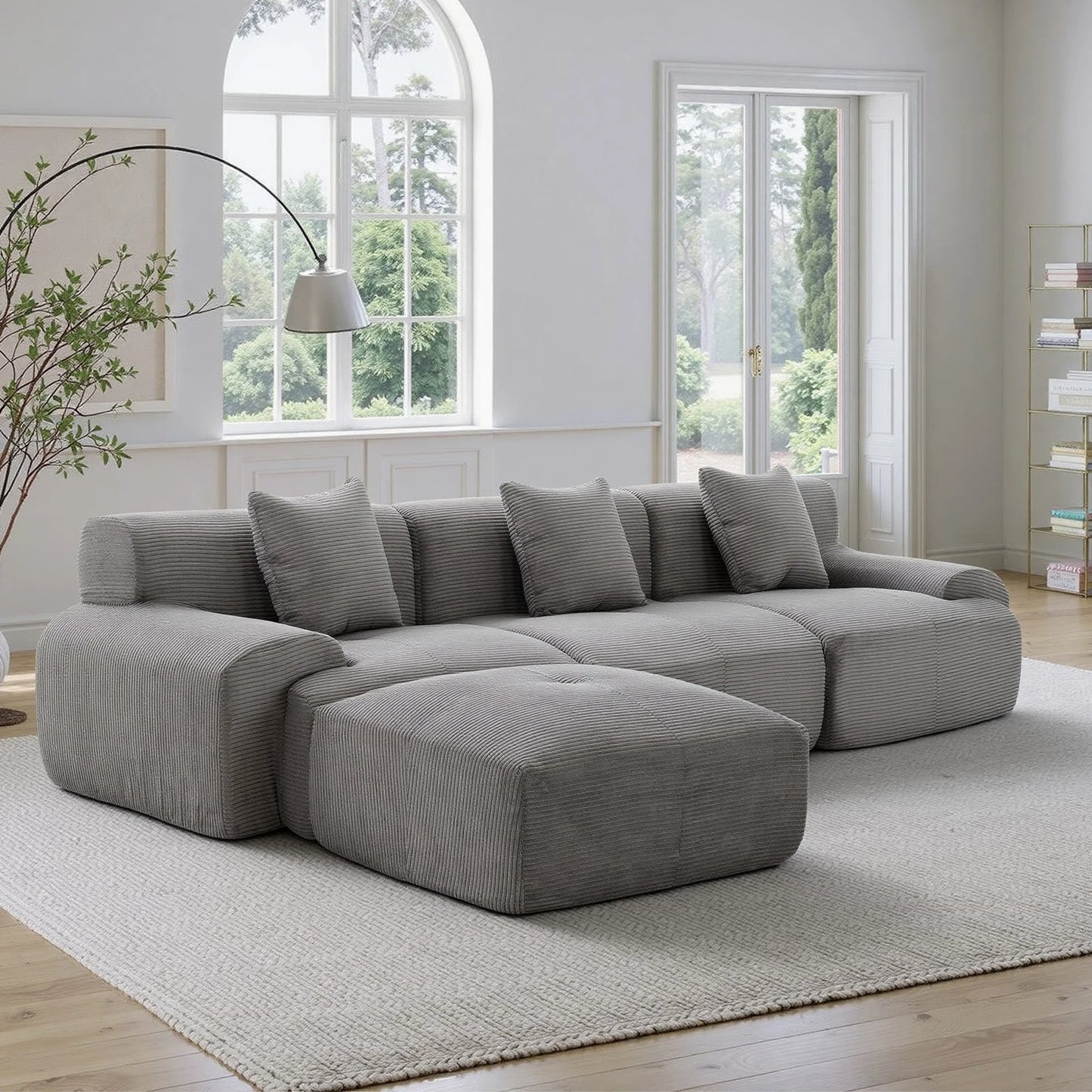 Corduroy Modern L Shaped Modular Sectional Sofa Set With Ottoman