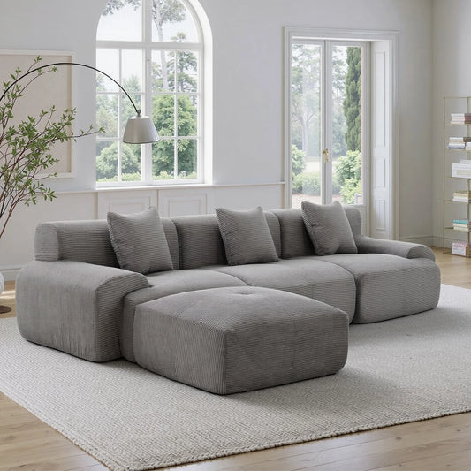 Corduroy Modern L Shaped Modular Sectional Sofa Set With Ottoman