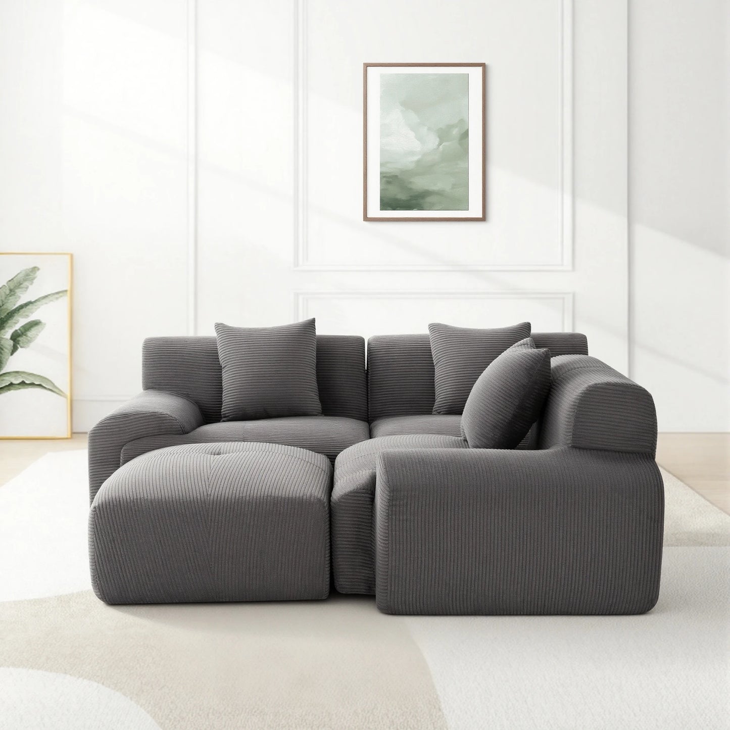 Corduroy Modern L Shaped Modular Sectional Sofa Set With Ottoman