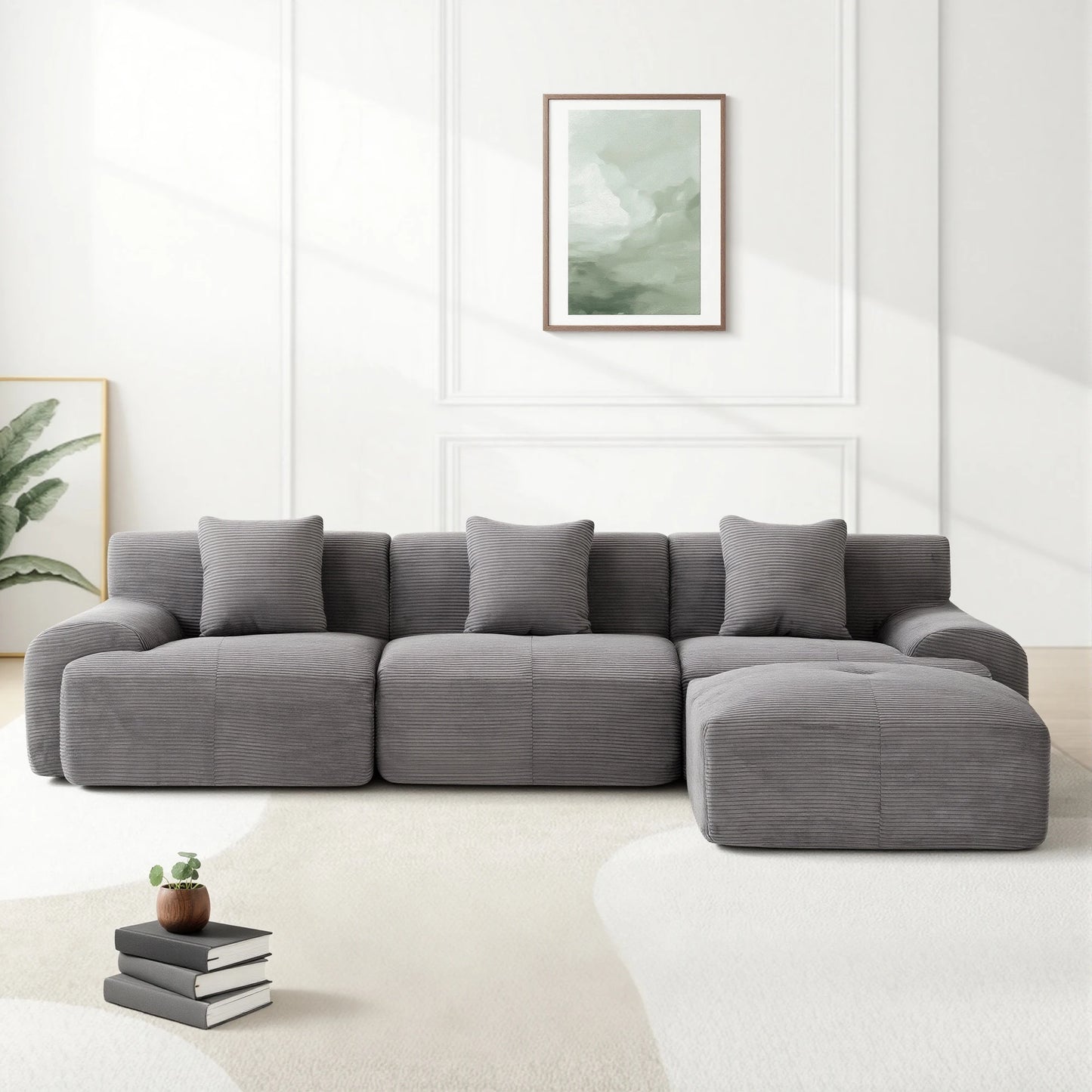 Corduroy Modern L Shaped Modular Sectional Sofa Set With Ottoman