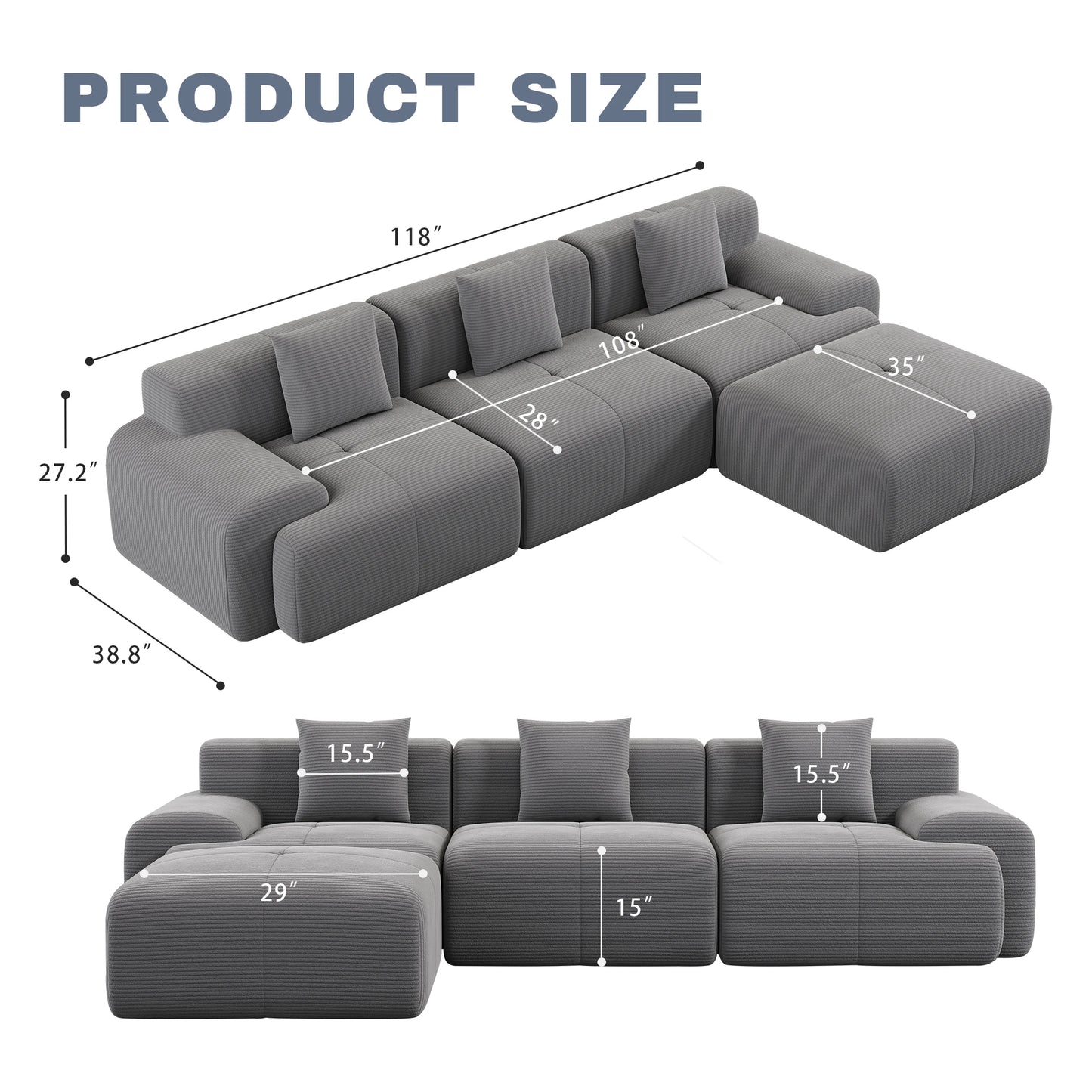 Corduroy Modern L Shaped Modular Sectional Sofa Set With Ottoman