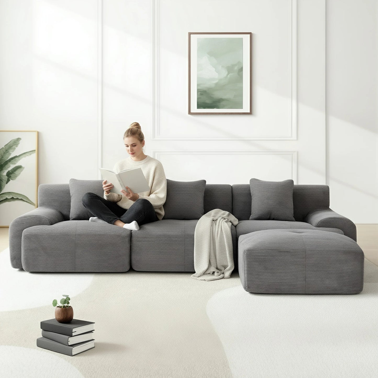 Corduroy Modern L Shaped Modular Sectional Sofa Set With Ottoman