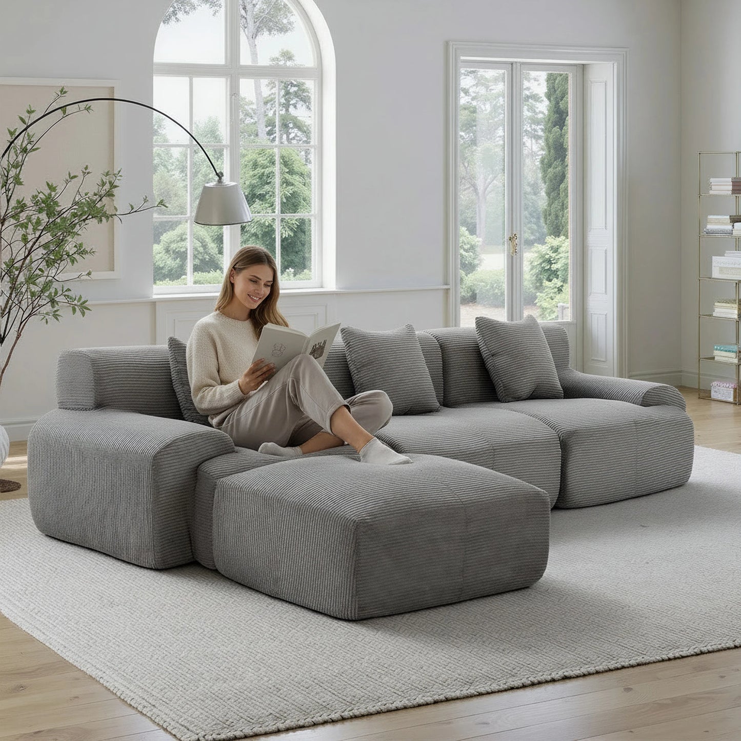 Corduroy Modern L Shaped Modular Sectional Sofa Set With Ottoman