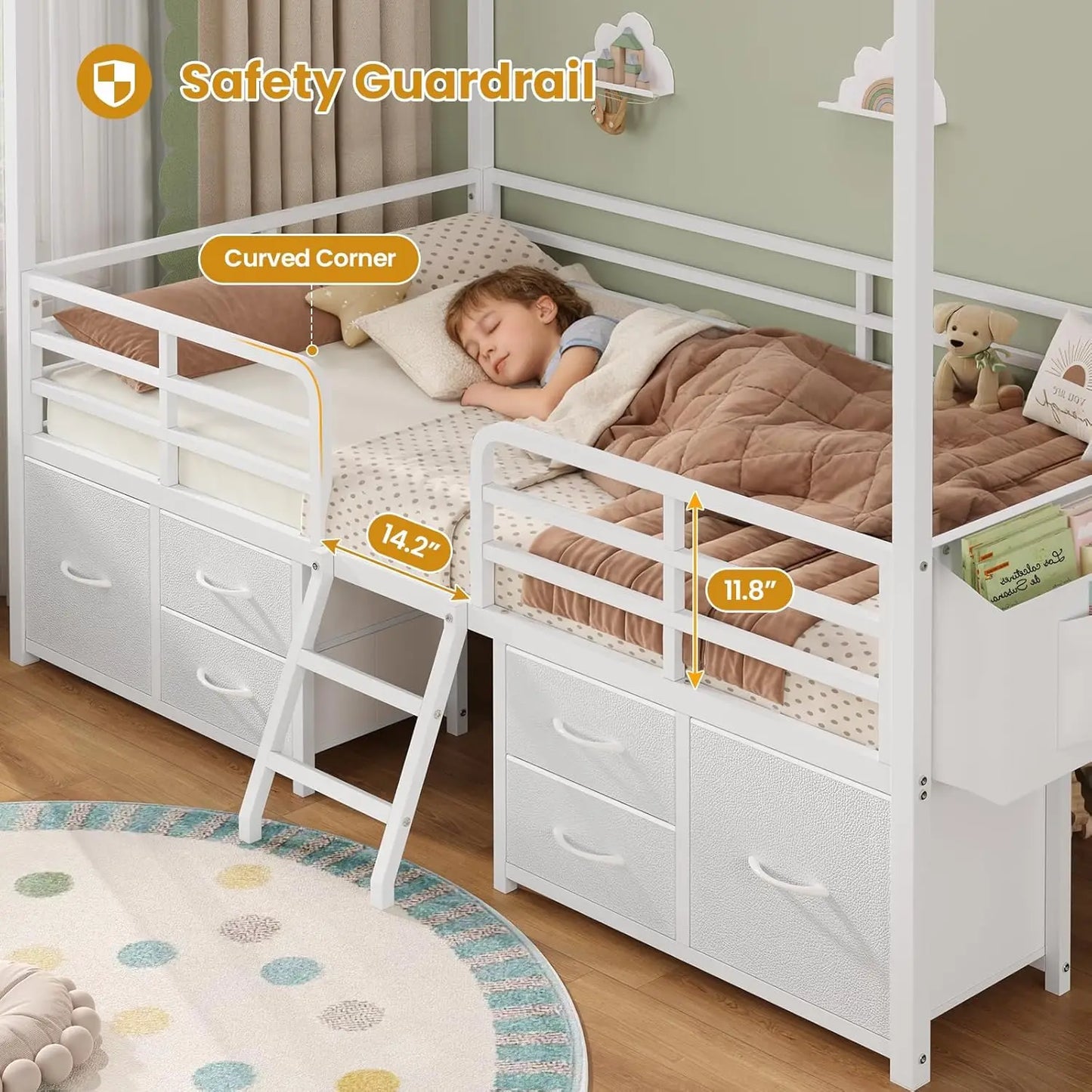 Kids Bed Frame With Six Drawers And Globe String Lights