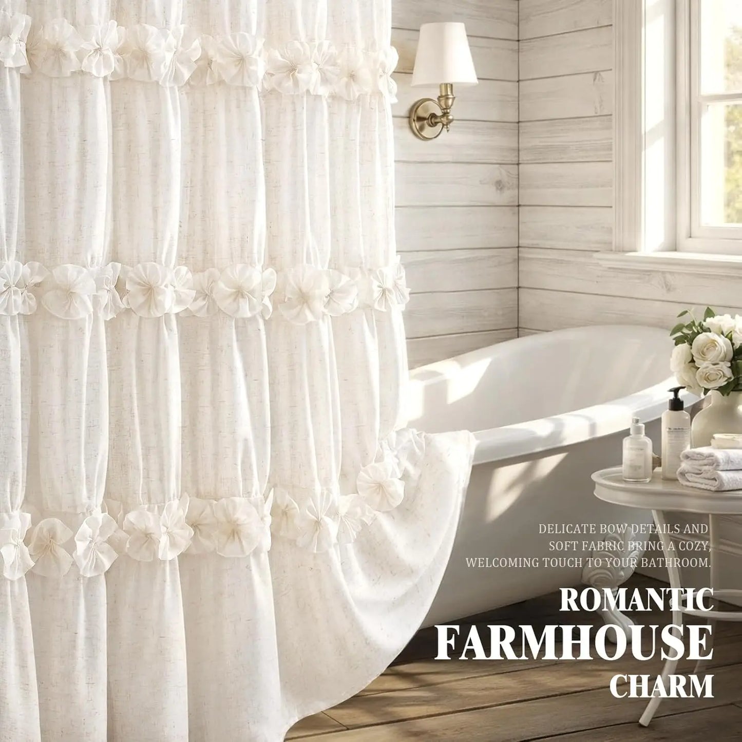 Ruffle Bow Linen Farmhouse Shower Curtain For Your Bathroom