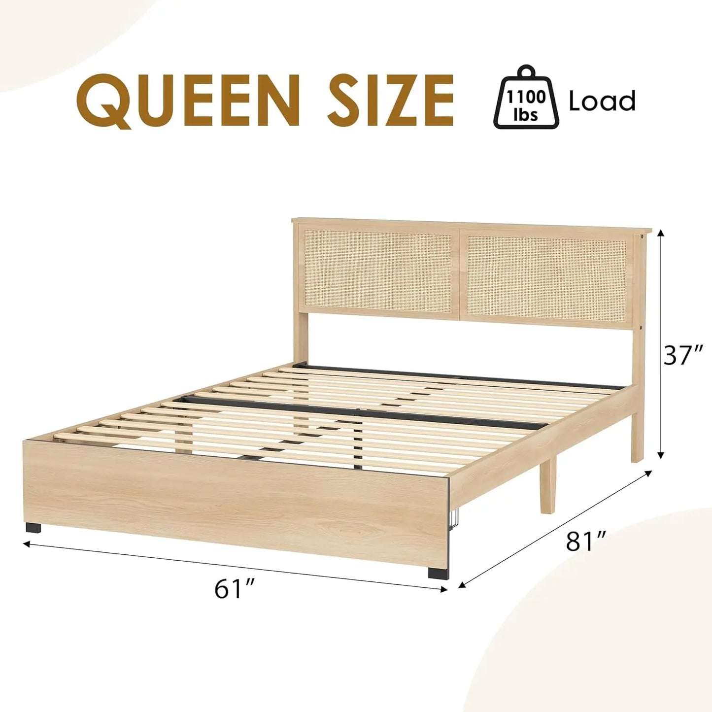 HobbyLane Rattan Bed Frame Boho Cane Headboard Drawer Storage