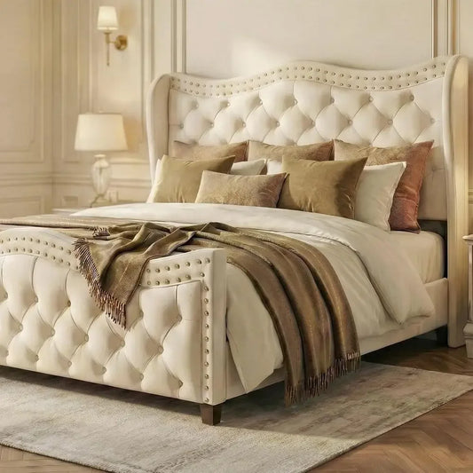 Velvet Button-Tufted Wingback Platform Bed With Headboard No Box Spring