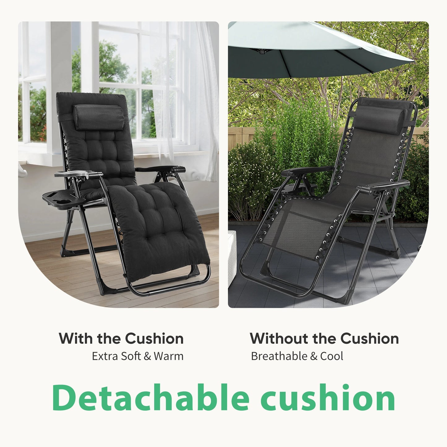 JHK Zero Gravity Recliner Folding Patio Lounge Chair With Cup Holder Trays