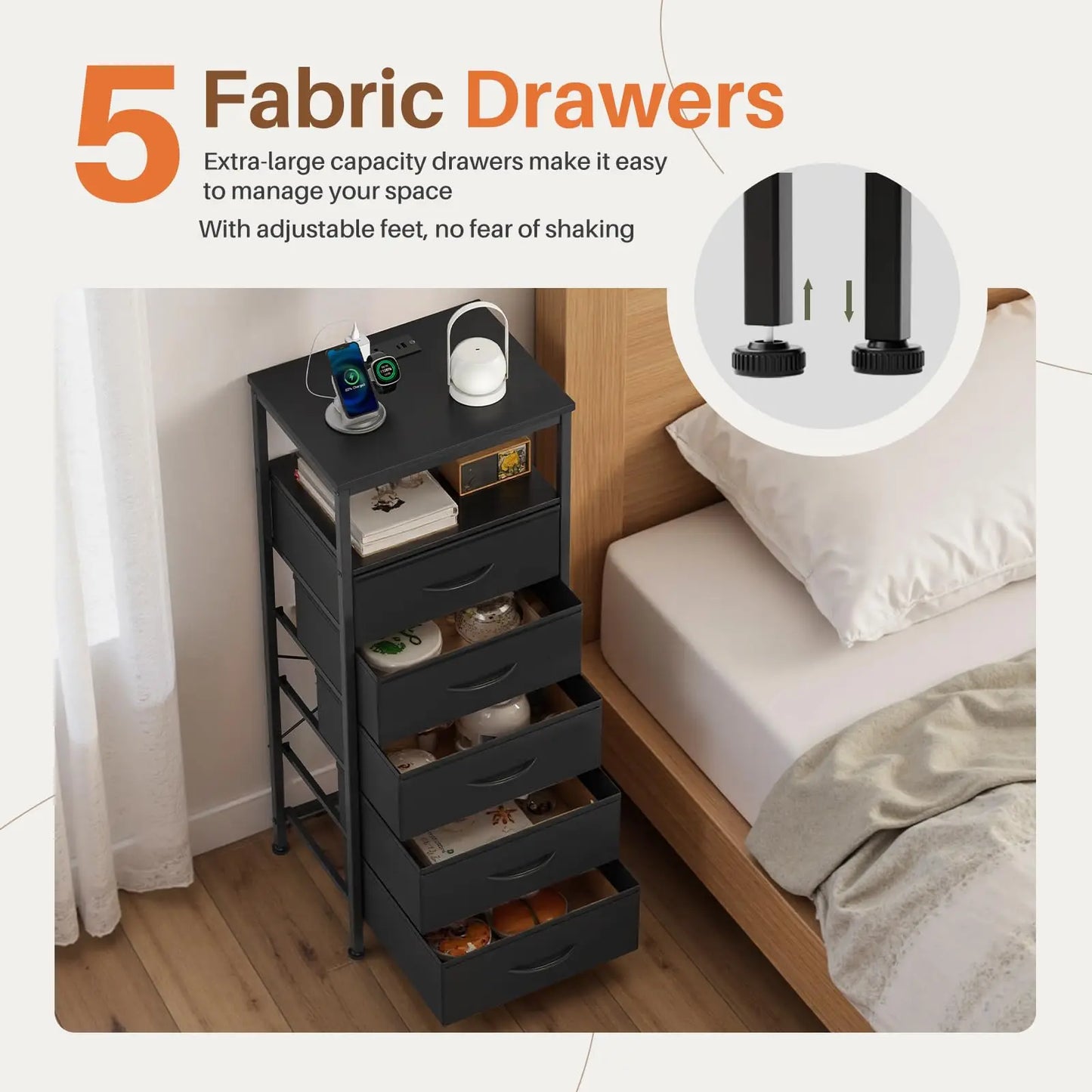 JHK 5 Drawer Dresser Nightstand With Charging Station And Outlets