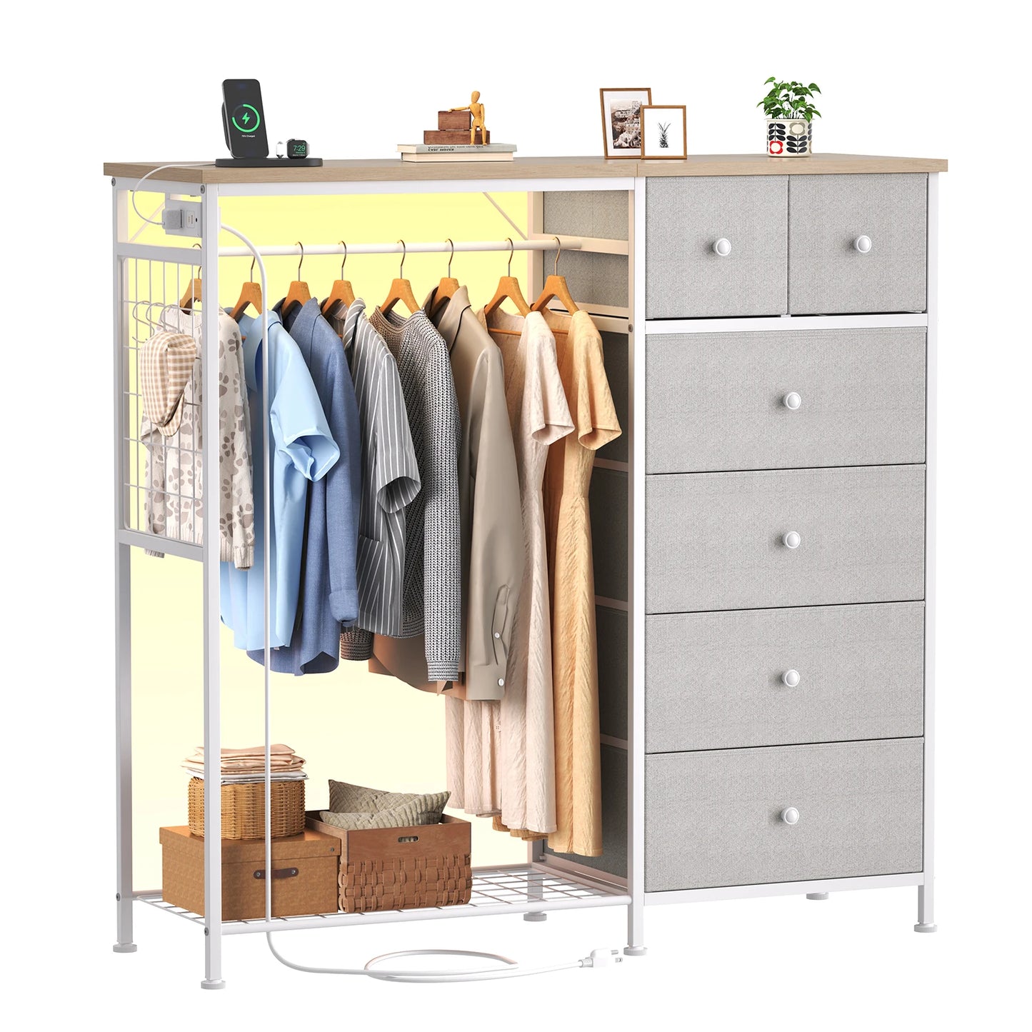 JHK 6 Drawer Dresser With Hanging Rack And LED Lights