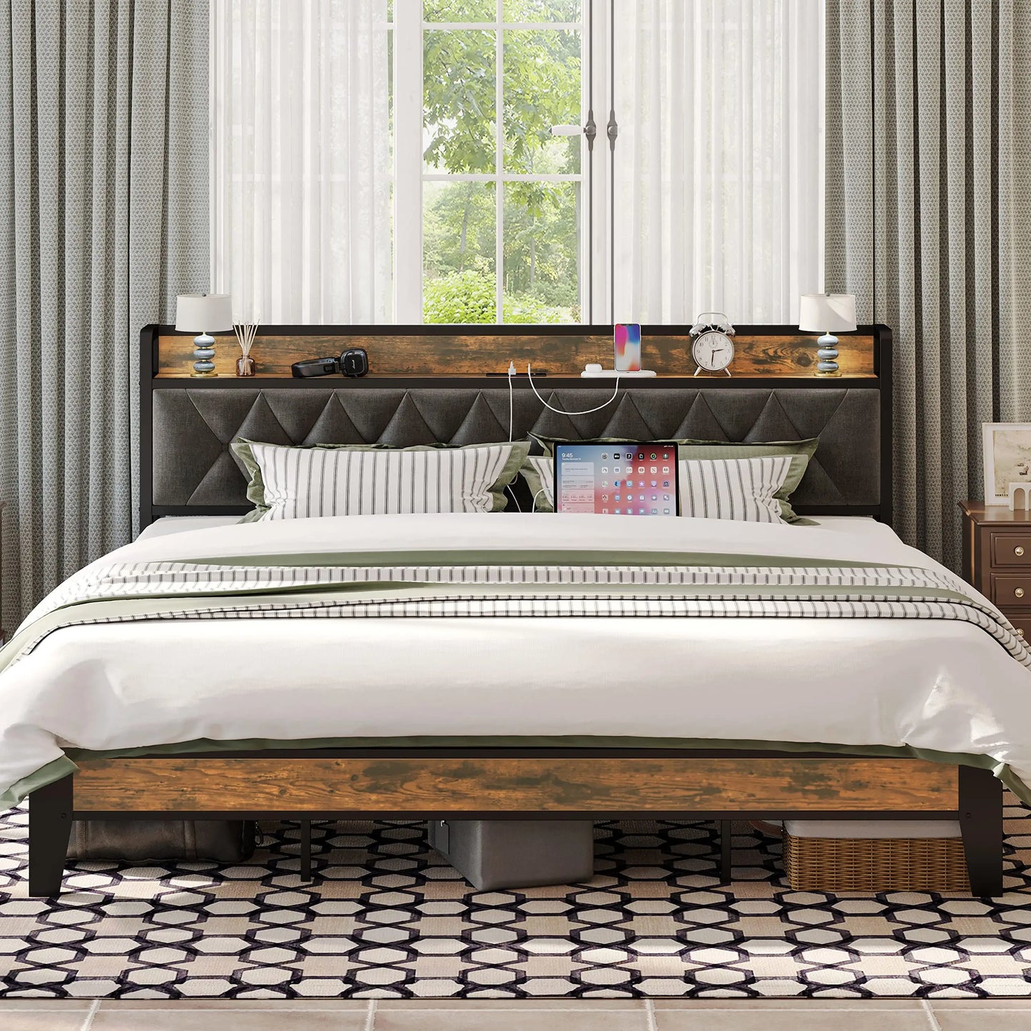 ANCTOR Storage Bed Frame With Outlets No Box Springs
