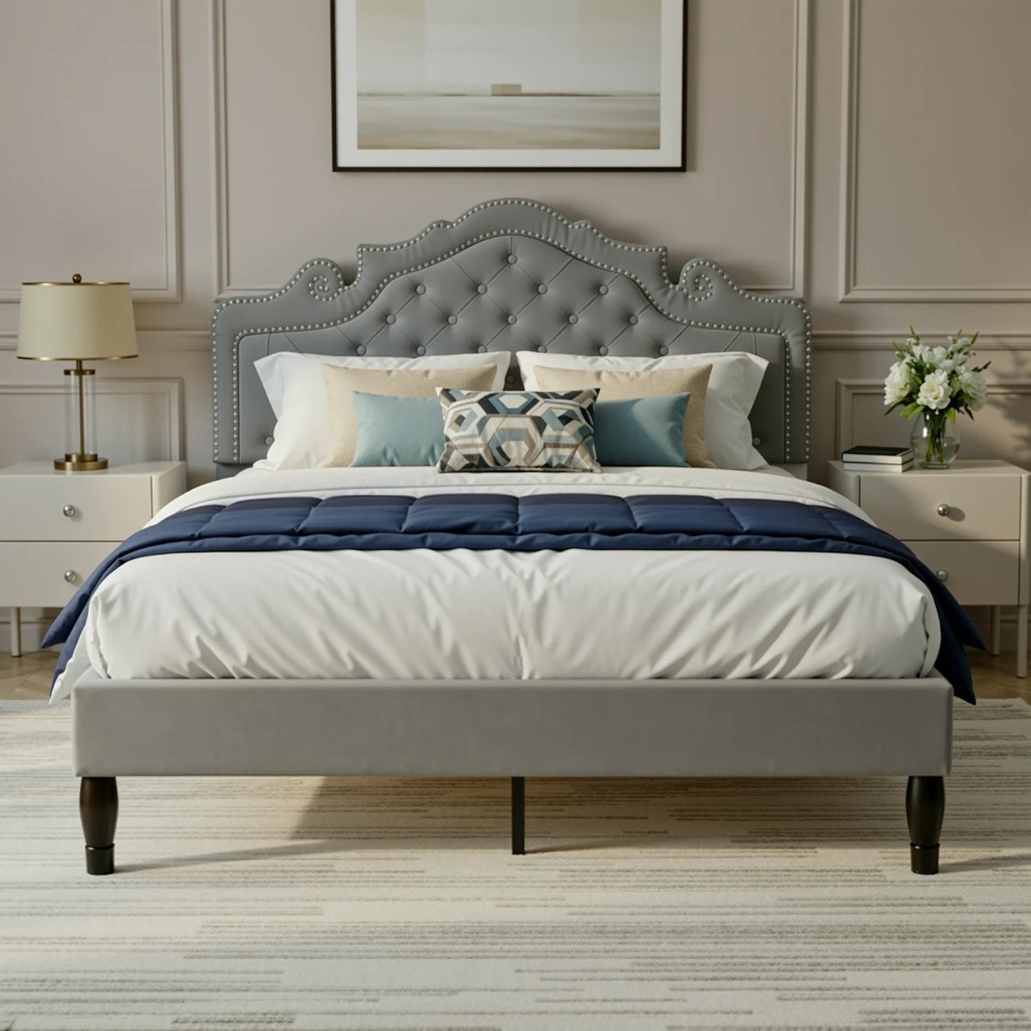 HOOMIC Velvet Bed Frame With Adjustable Tiara Headboard Diamond Tufted