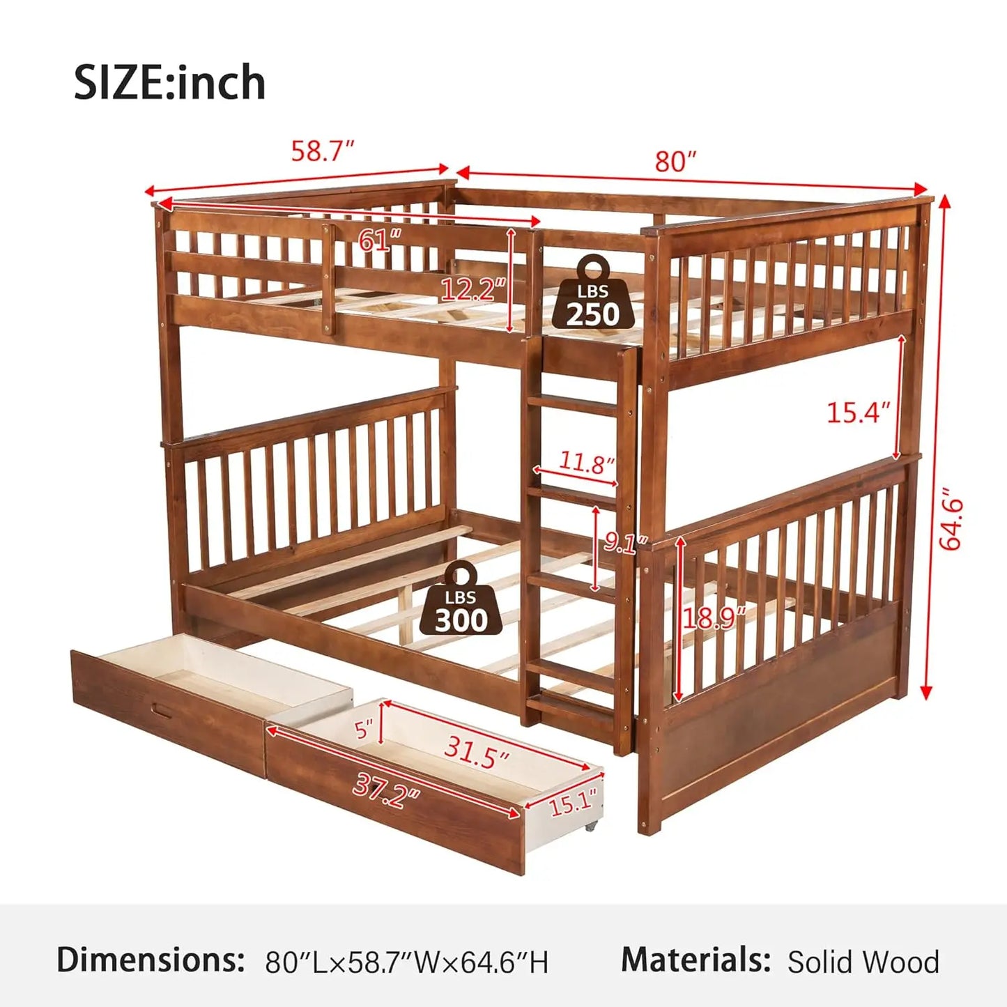 Solid Wood Full Over Full Bunk Bed Frame With Drawers
