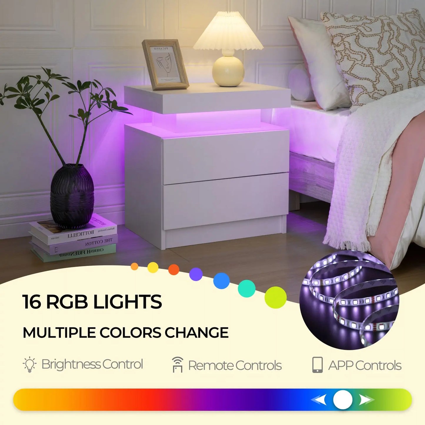 Cubehom LED Nightstand With 2 Drawers And RGB Bedside Table