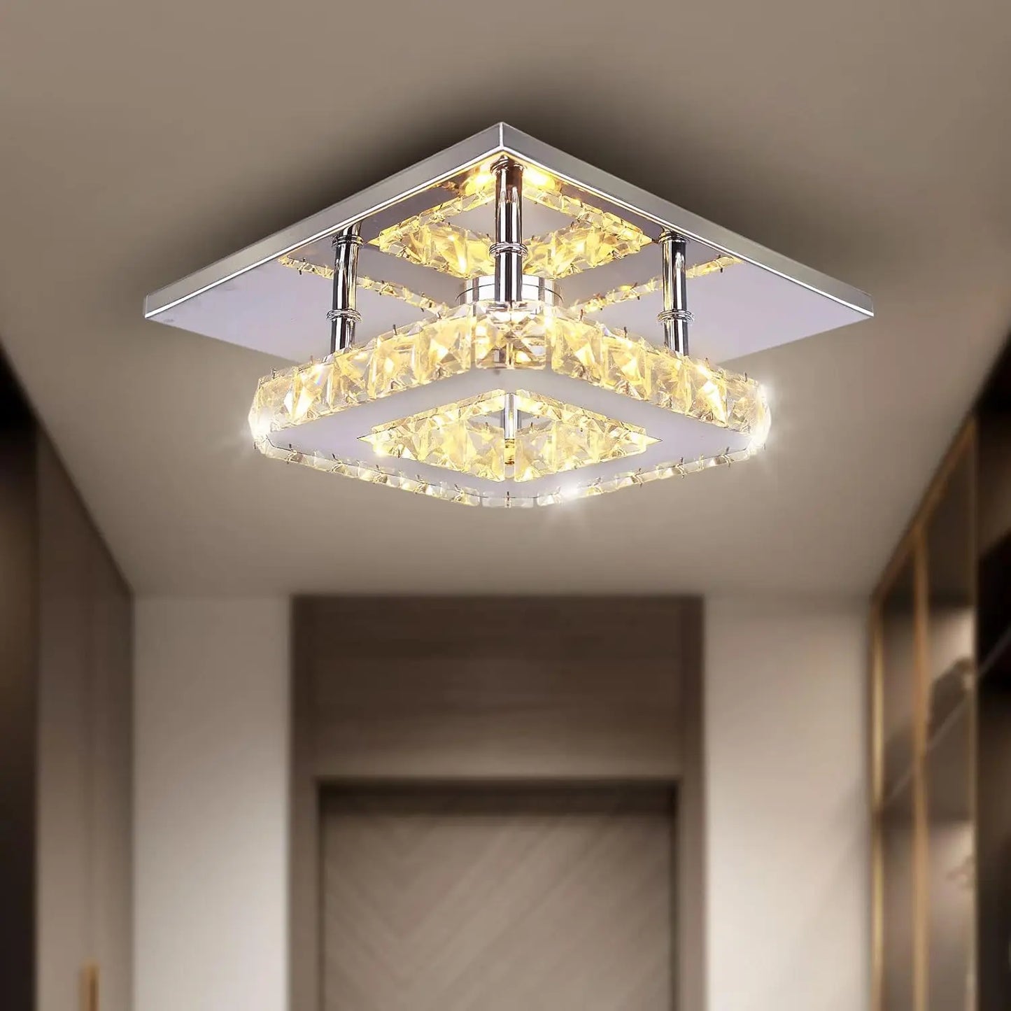 FRIXCHUR LED Crystal Chandelier Semi Flush Mount For Bedroom Hallway