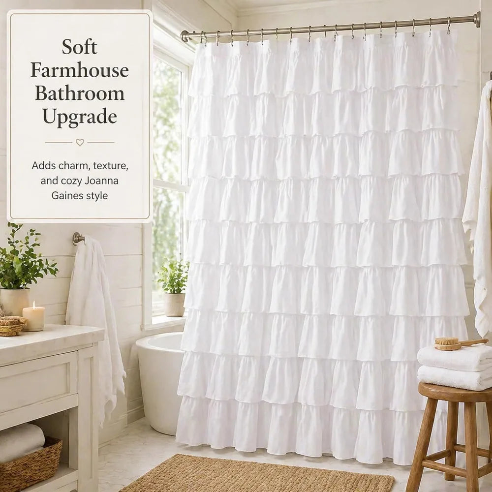 Ruffle Shower Curtain Farmhouse Fabric Double Layer Soft Opaque