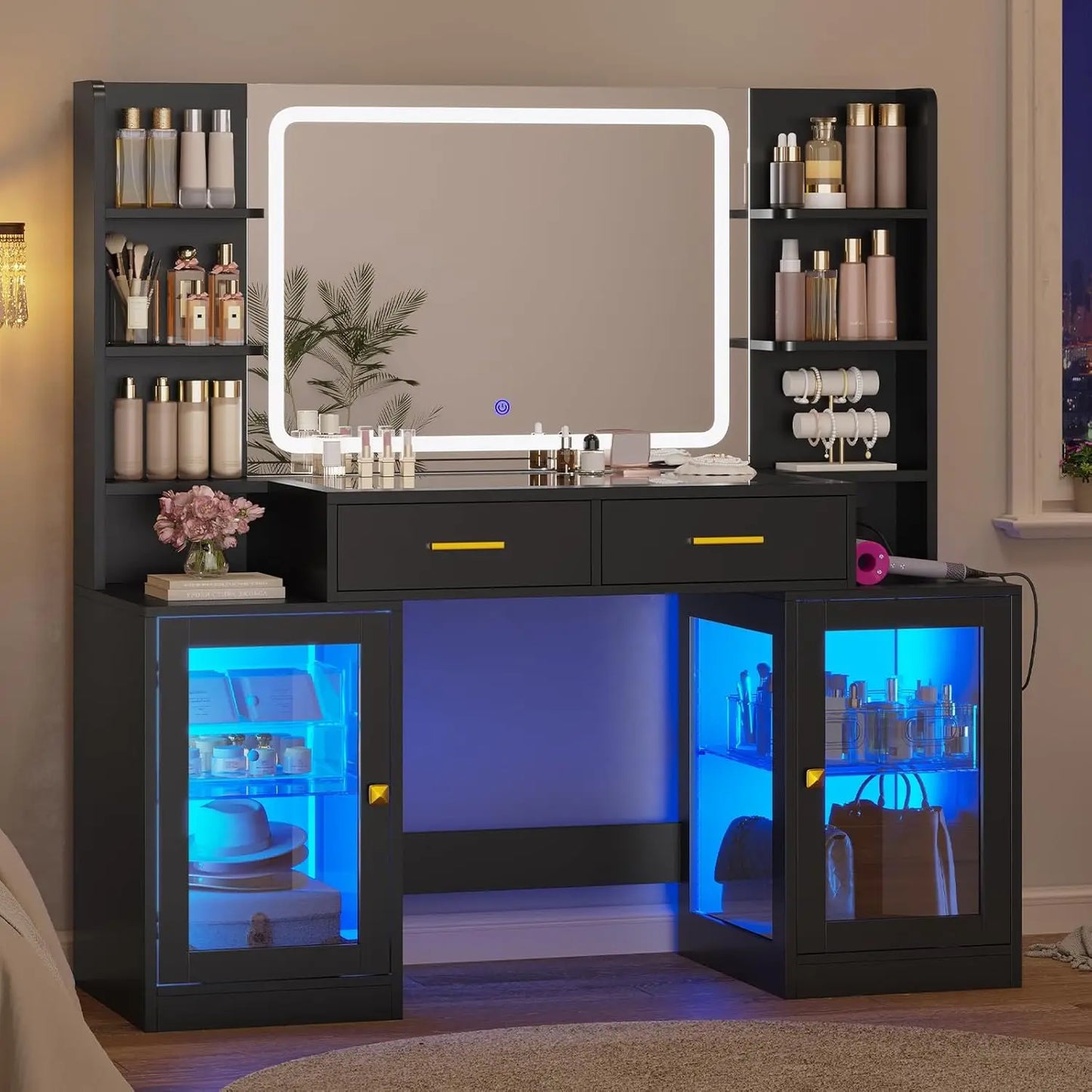 RGB Lighted Makeup Vanity Desk With Mirror And Power Outlet