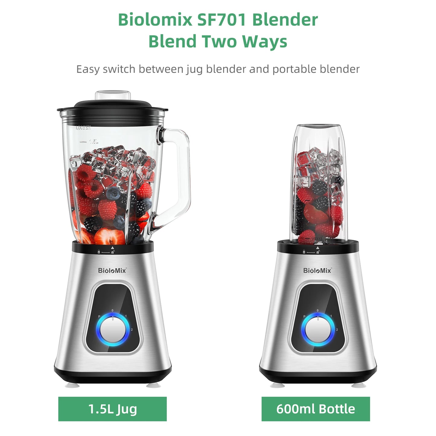 Biolomix 1300W Smoothie Maker With 1.5L Glass Jar For Frozen Drinks