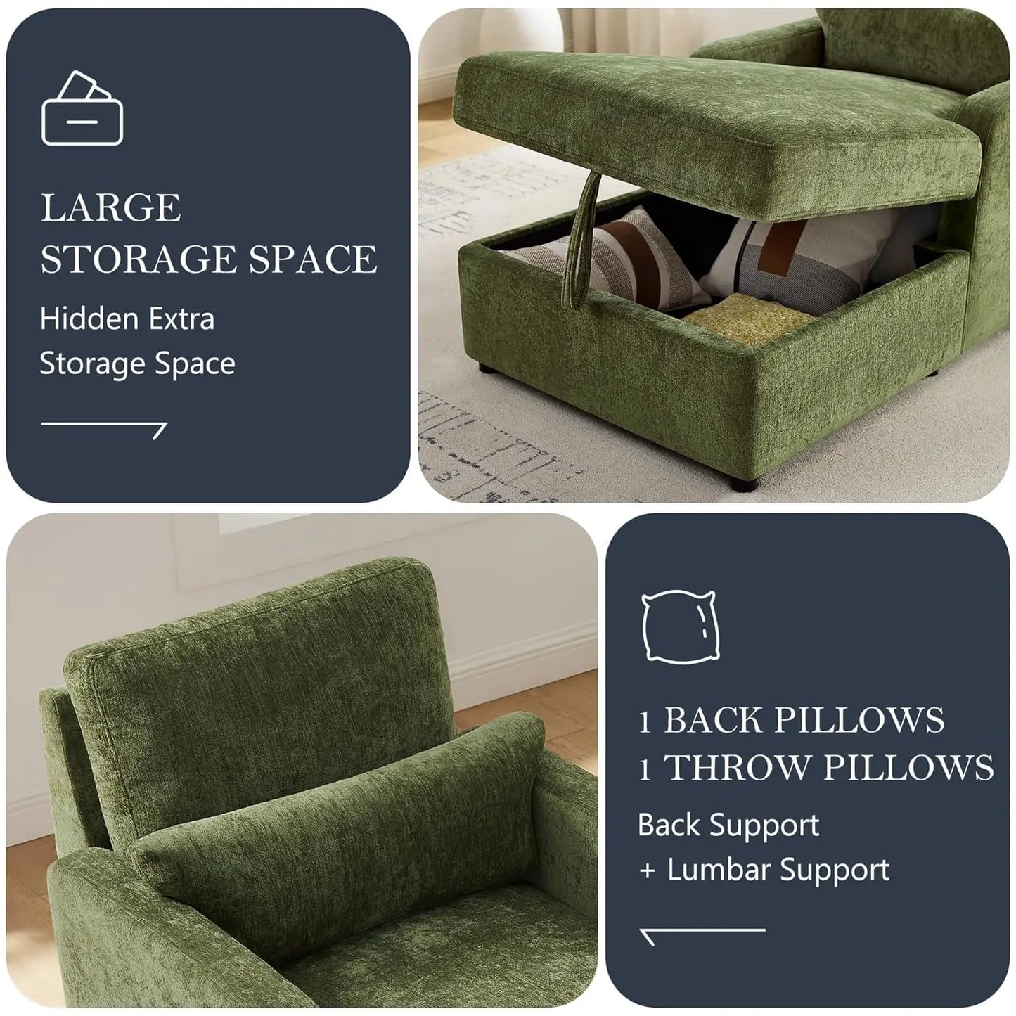 Indoor Chaise Lounge Chair With 2 Position Adjustable Backrest Storage
