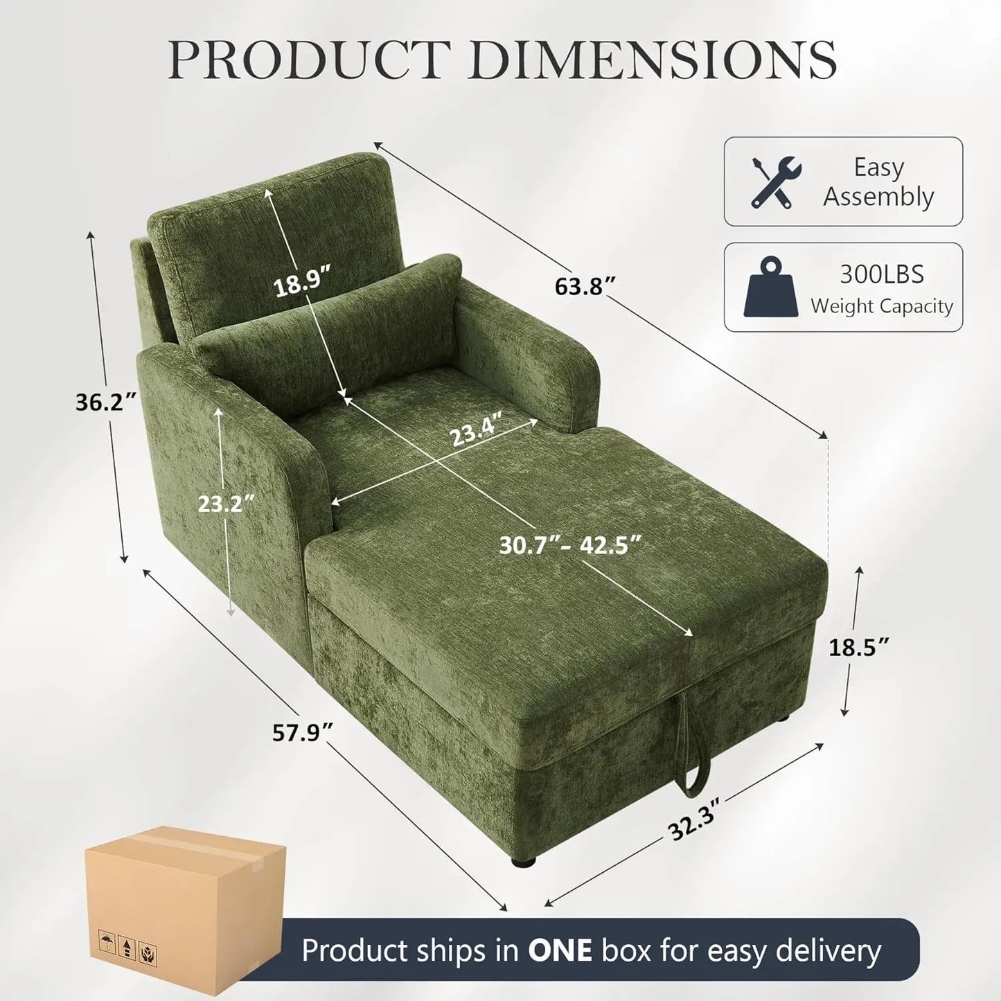 Indoor Chaise Lounge Chair With 2 Position Adjustable Backrest Storage
