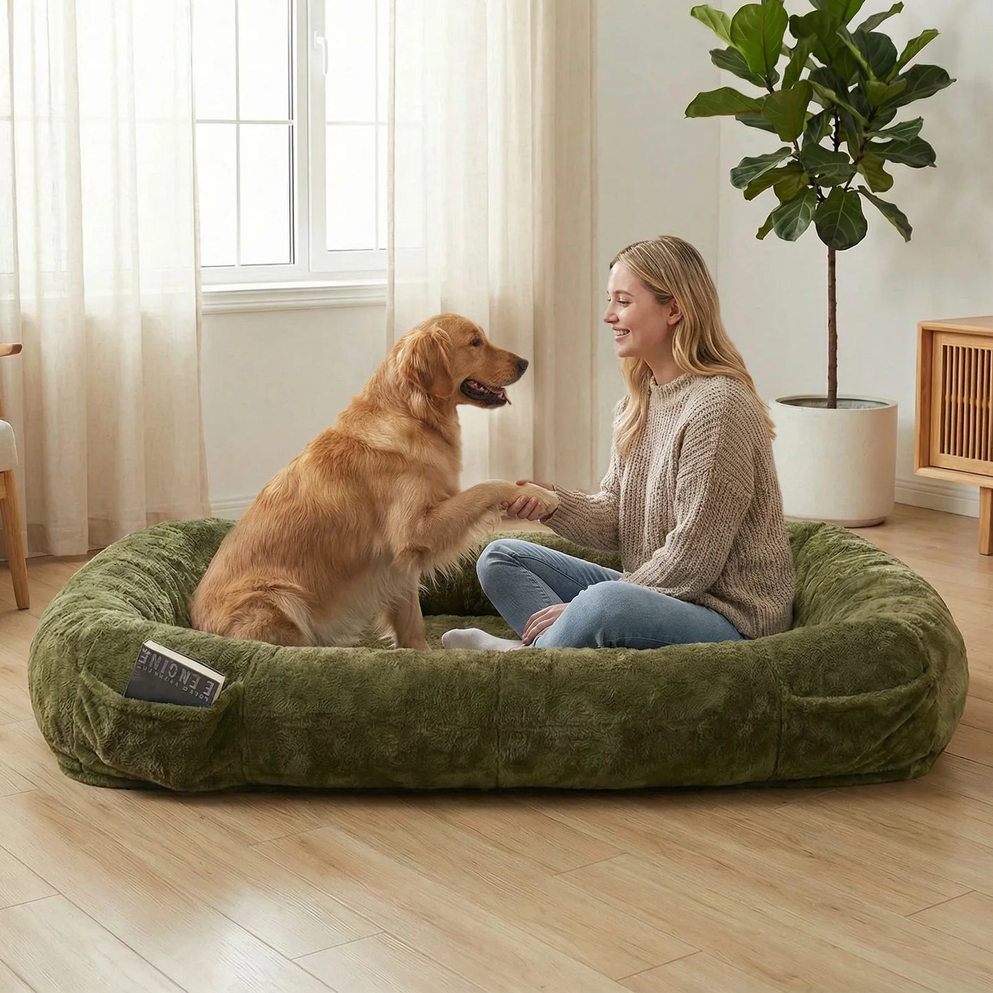 Plush Faux Fur Dog Bed With Washable Cover And Blanket