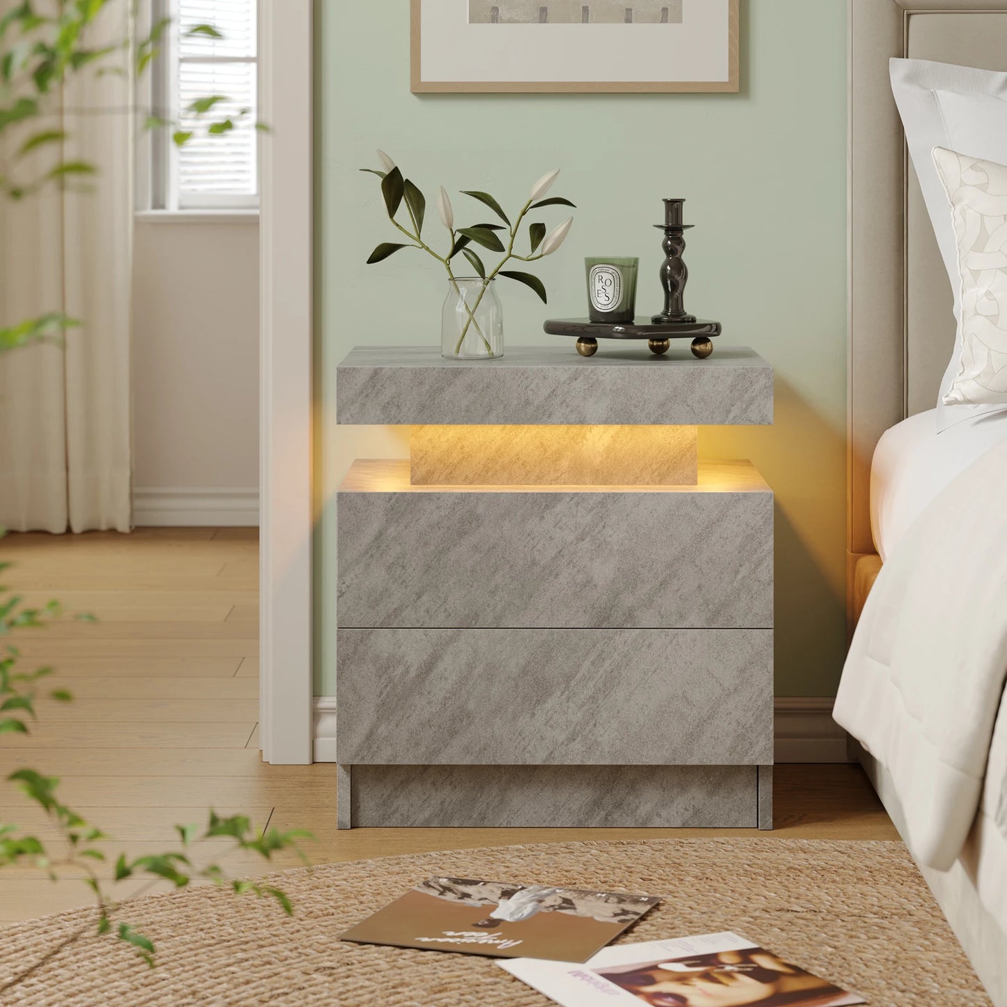 Cubehom Modern LED Nightstand With 2 Drawers And RGB Lights