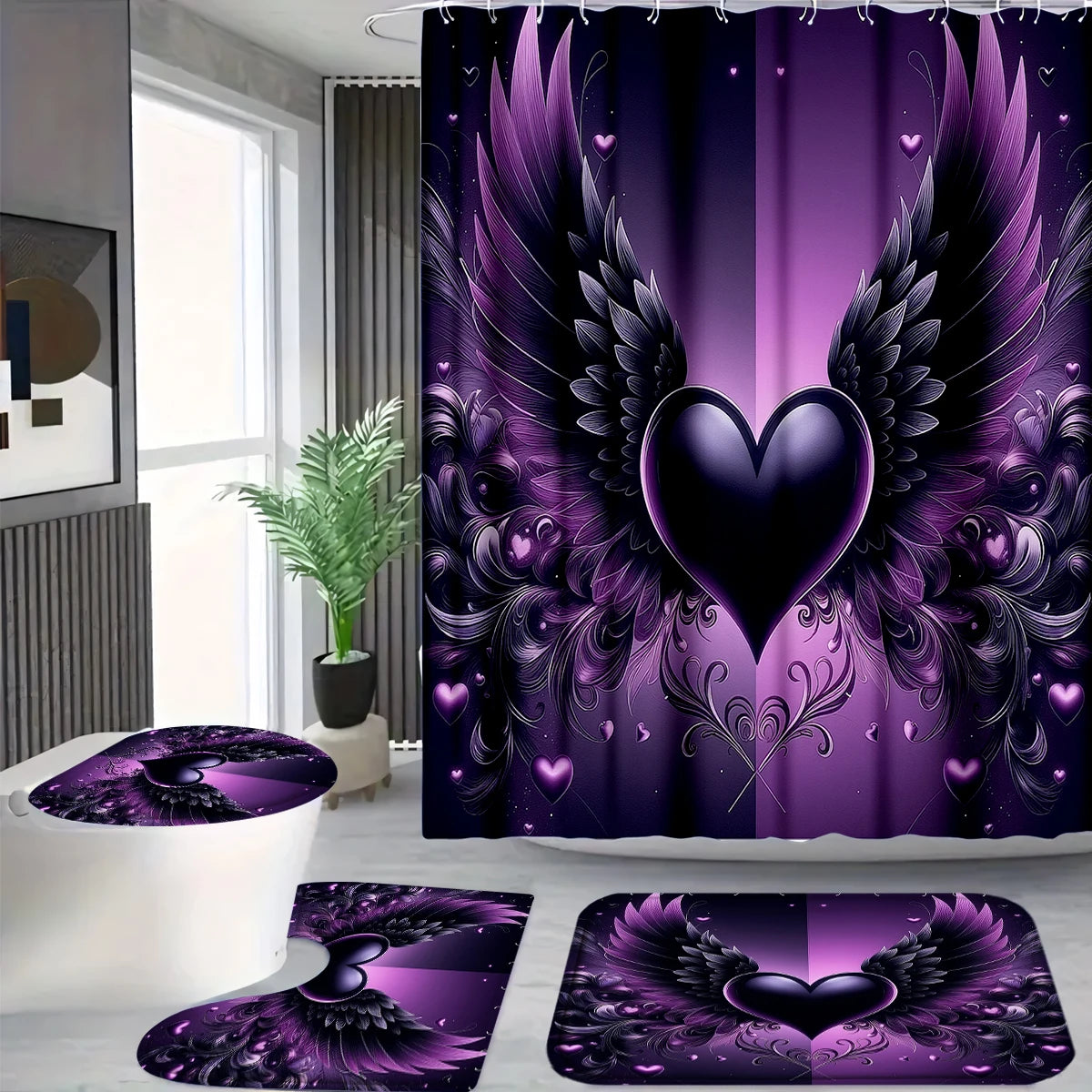 4 Piece Shower Curtain Set With Hooks Gothic Heart Print Waterproof Polyester