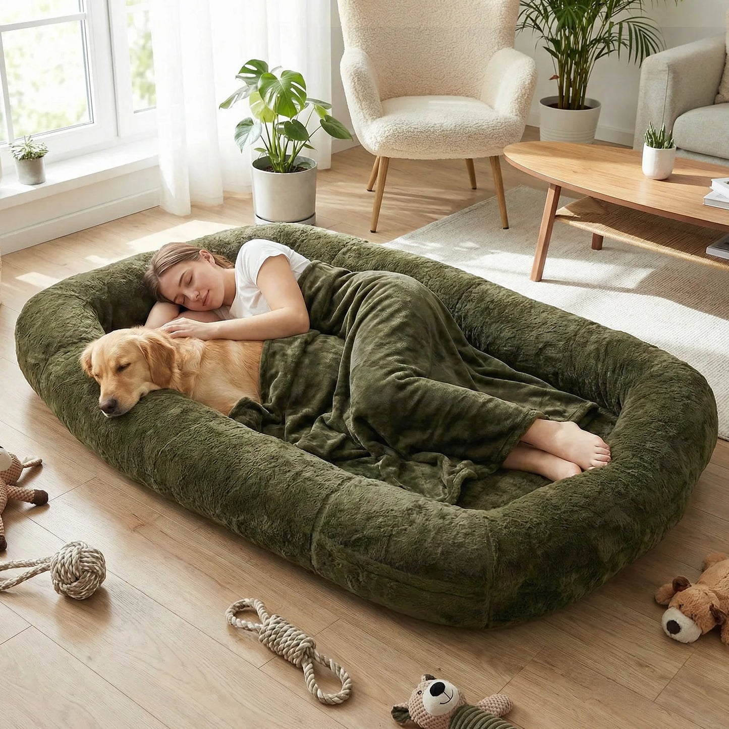Plush Faux Fur Dog Bed With Washable Cover And Blanket