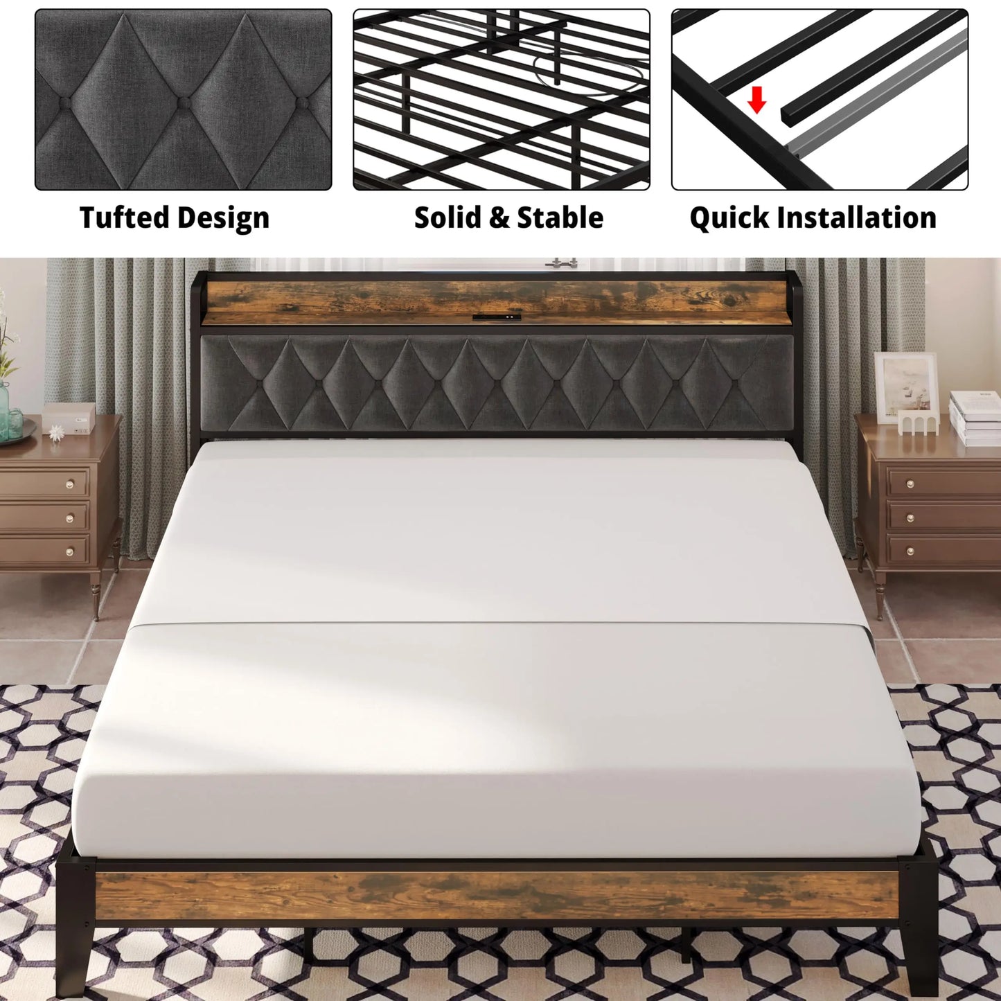 ANCTOR Storage Bed Frame With Outlets No Box Springs