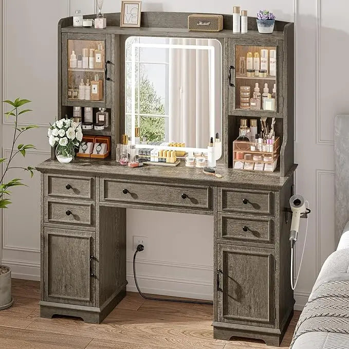 Farmhouse Vanity Desk With Led Lighted Makeup Mirror And 5 Drawers 6 Shelves