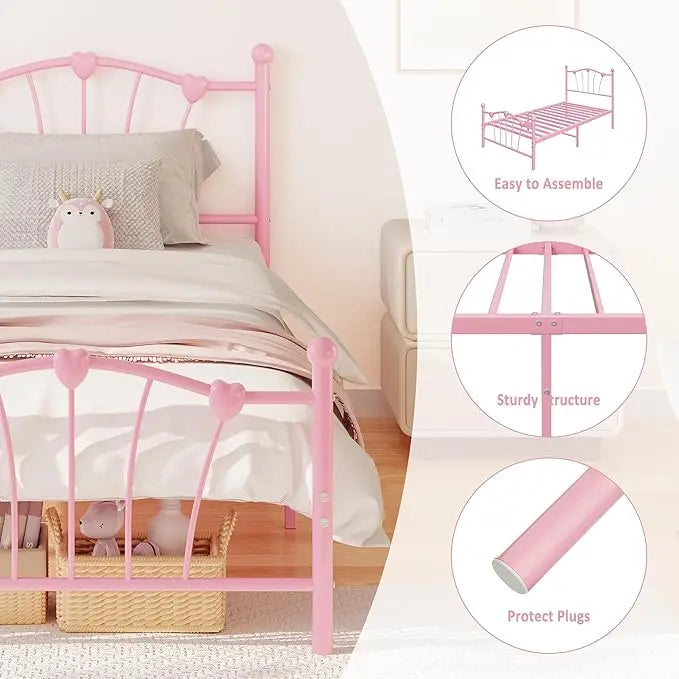 HiMISS Heart Shaped Metal Platform Bed Frame Headboard Footboard