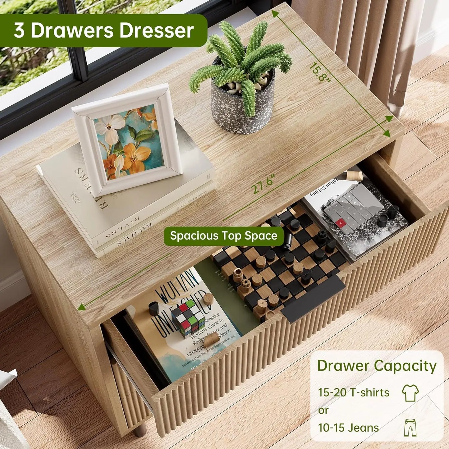 HobbyLane Fluted Three-Drawer Dresser With Metal Legs