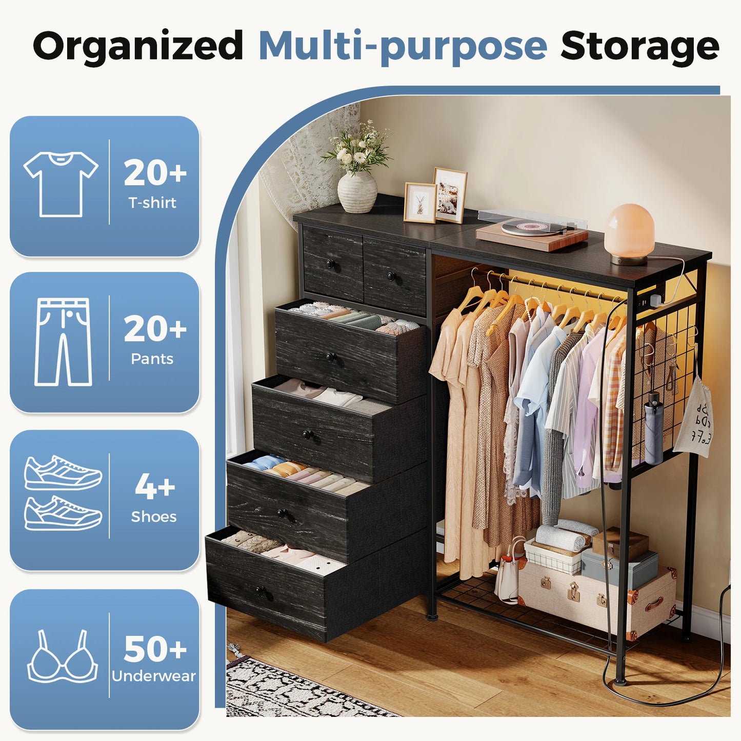 JHK 6 Drawer Dresser With Hanging Rack And LED Lights