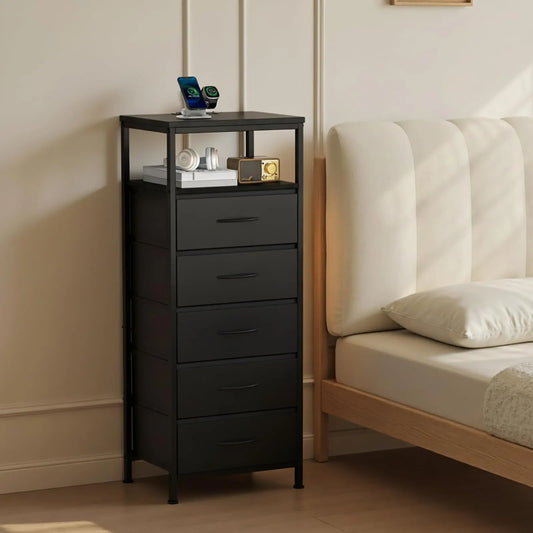 JHK 5 Drawer Dresser Nightstand With Charging Station And Outlets