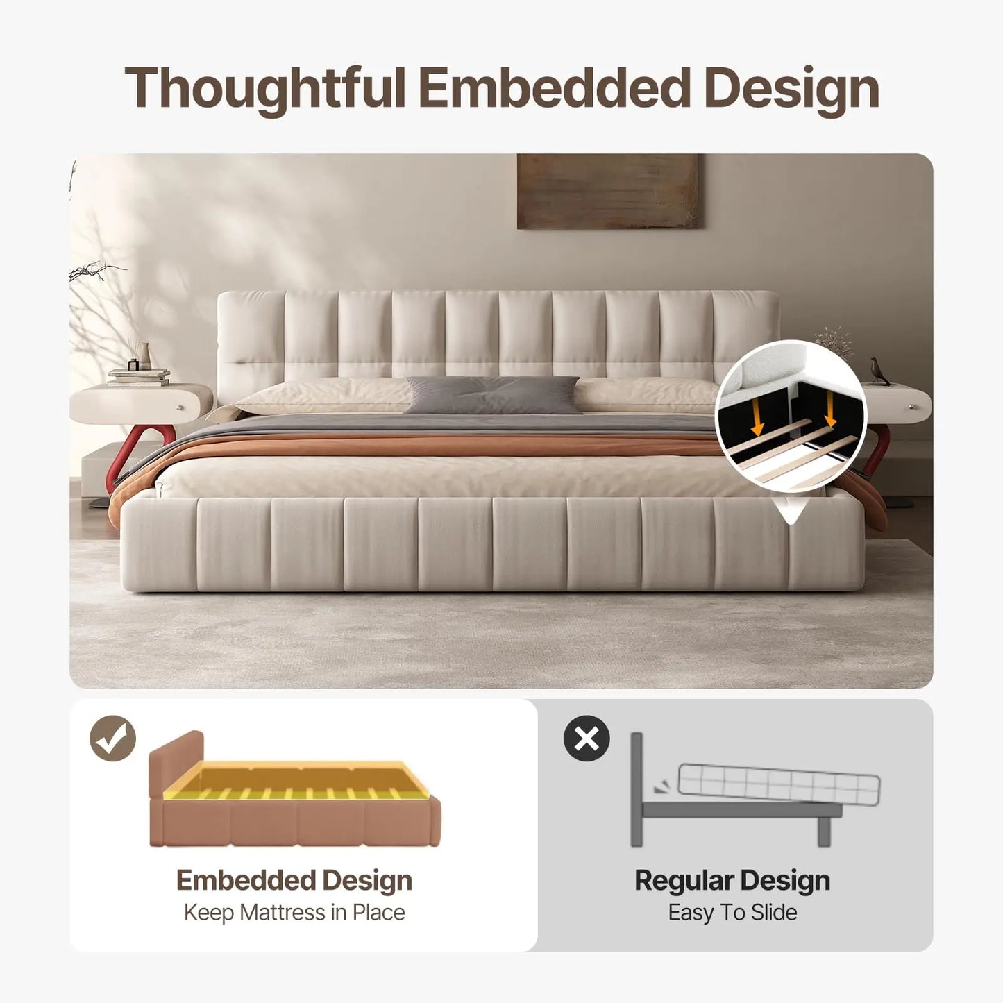 QWC Modern Cloud Platform Bed With High Extra Thick Headboard And Footboard