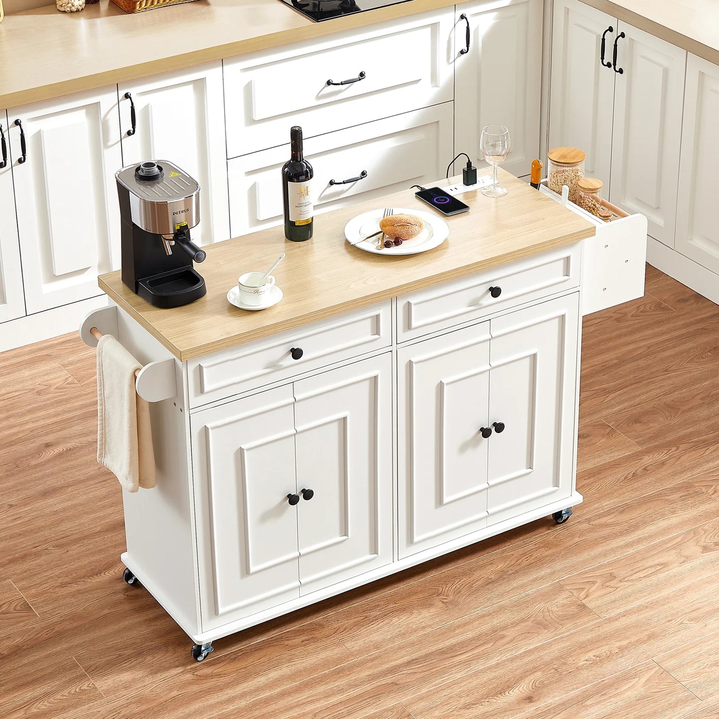 Mobile Kitchen Island Trolley With Drop Leaf And Spice Rack