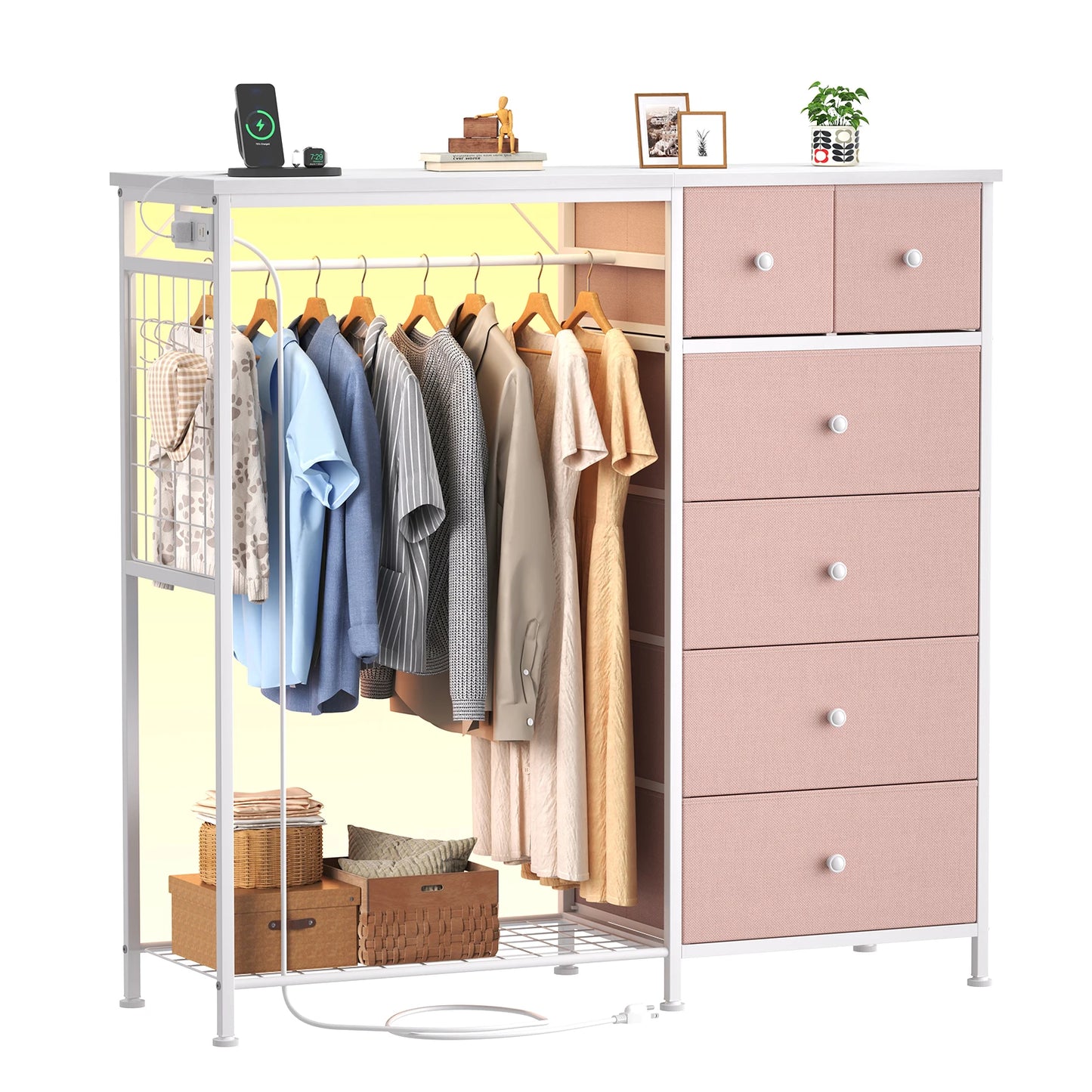 JHK 6 Drawer Dresser With Hanging Rack And LED Lights