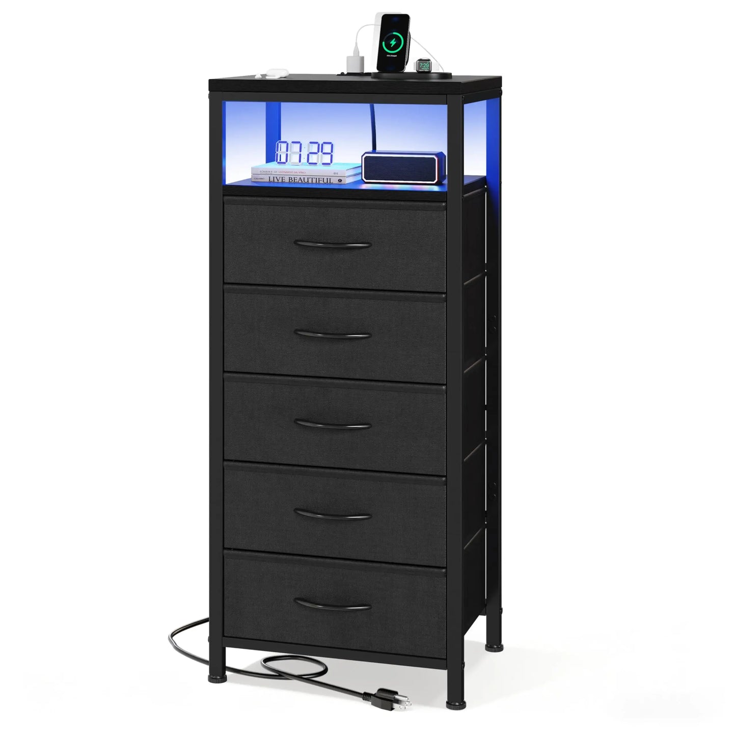 JHK 5 Drawer Dresser Nightstand With Charging Station And Outlets