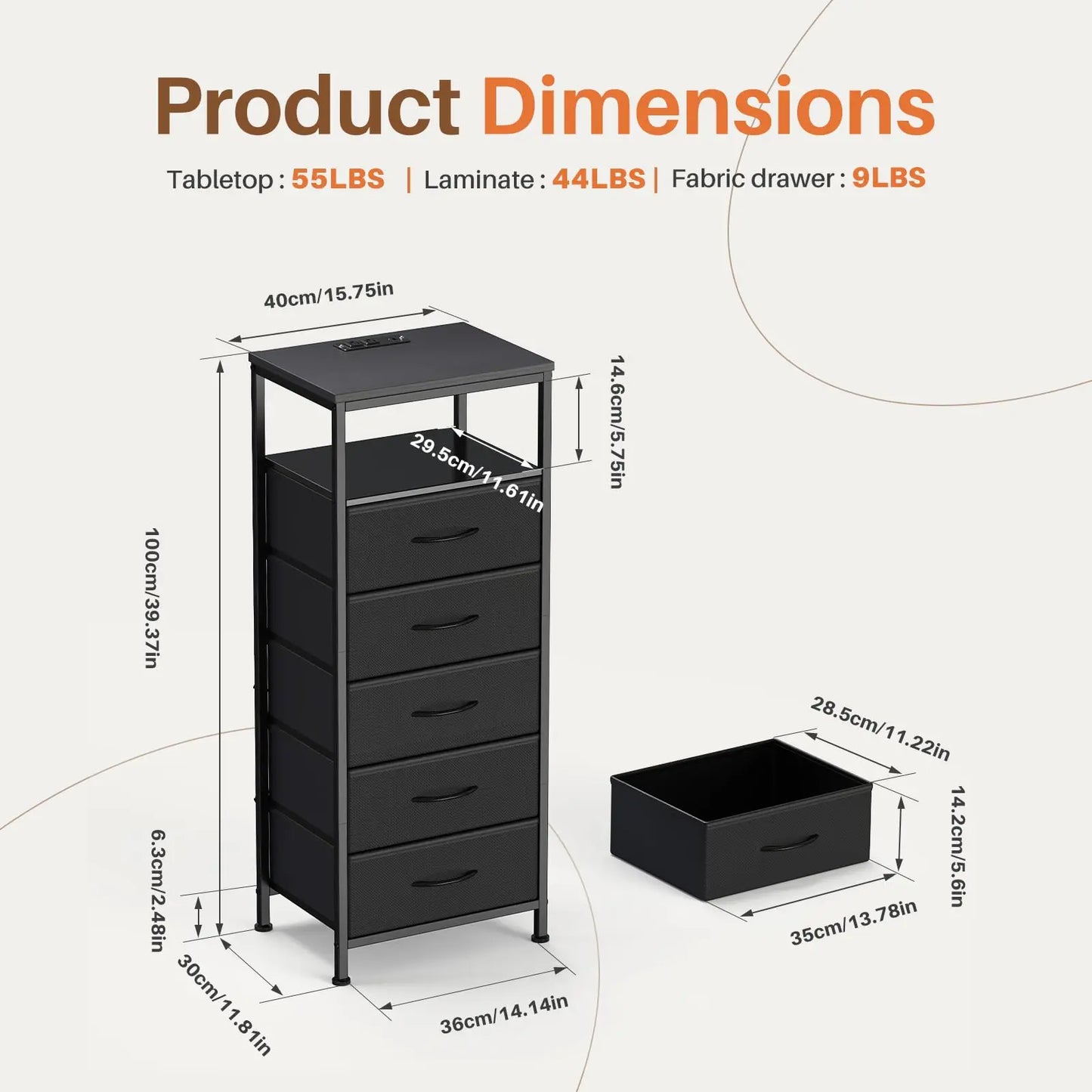 JHK 5 Drawer Dresser Nightstand With Charging Station And Outlets