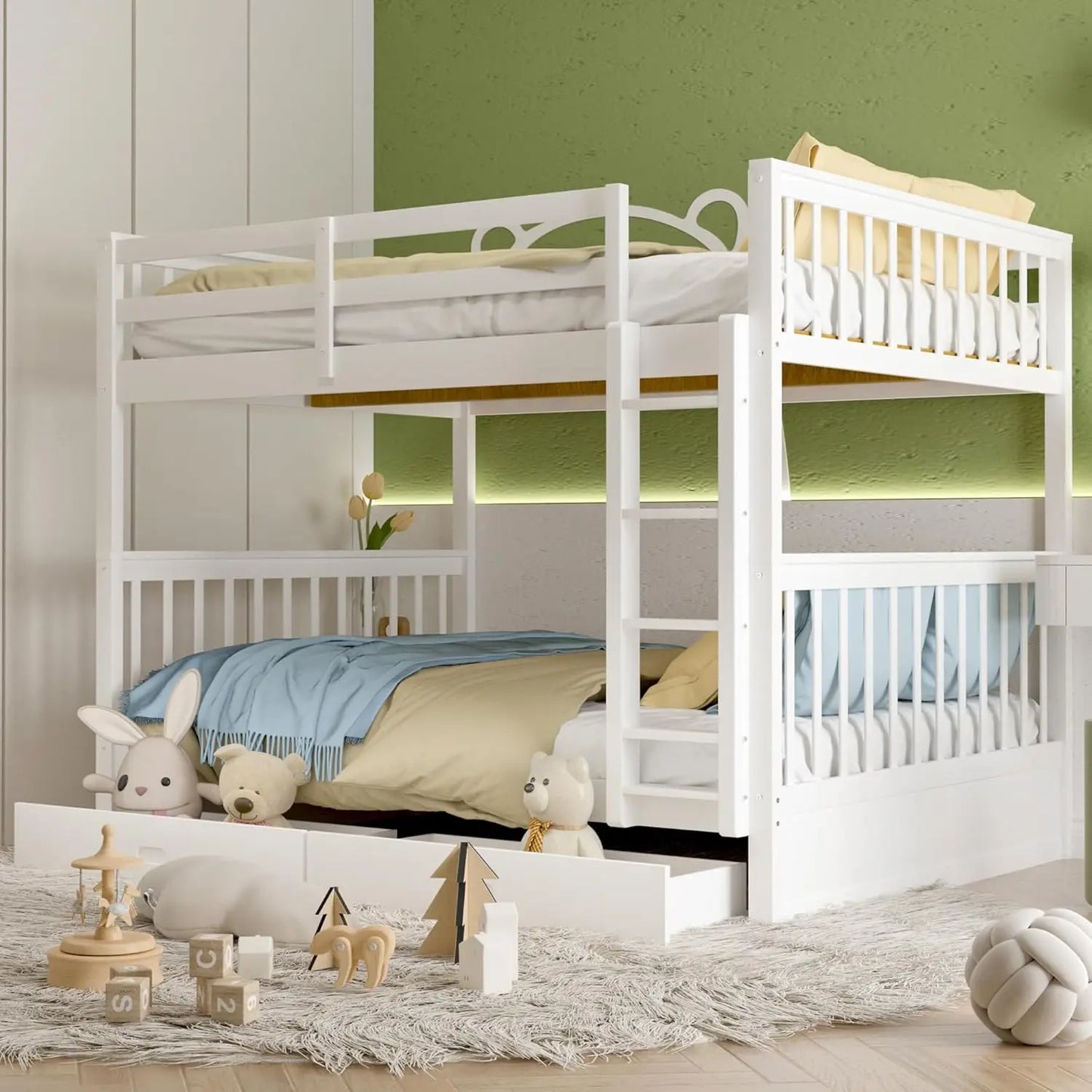 Solid Wood Full Over Full Bunk Bed Frame With Drawers