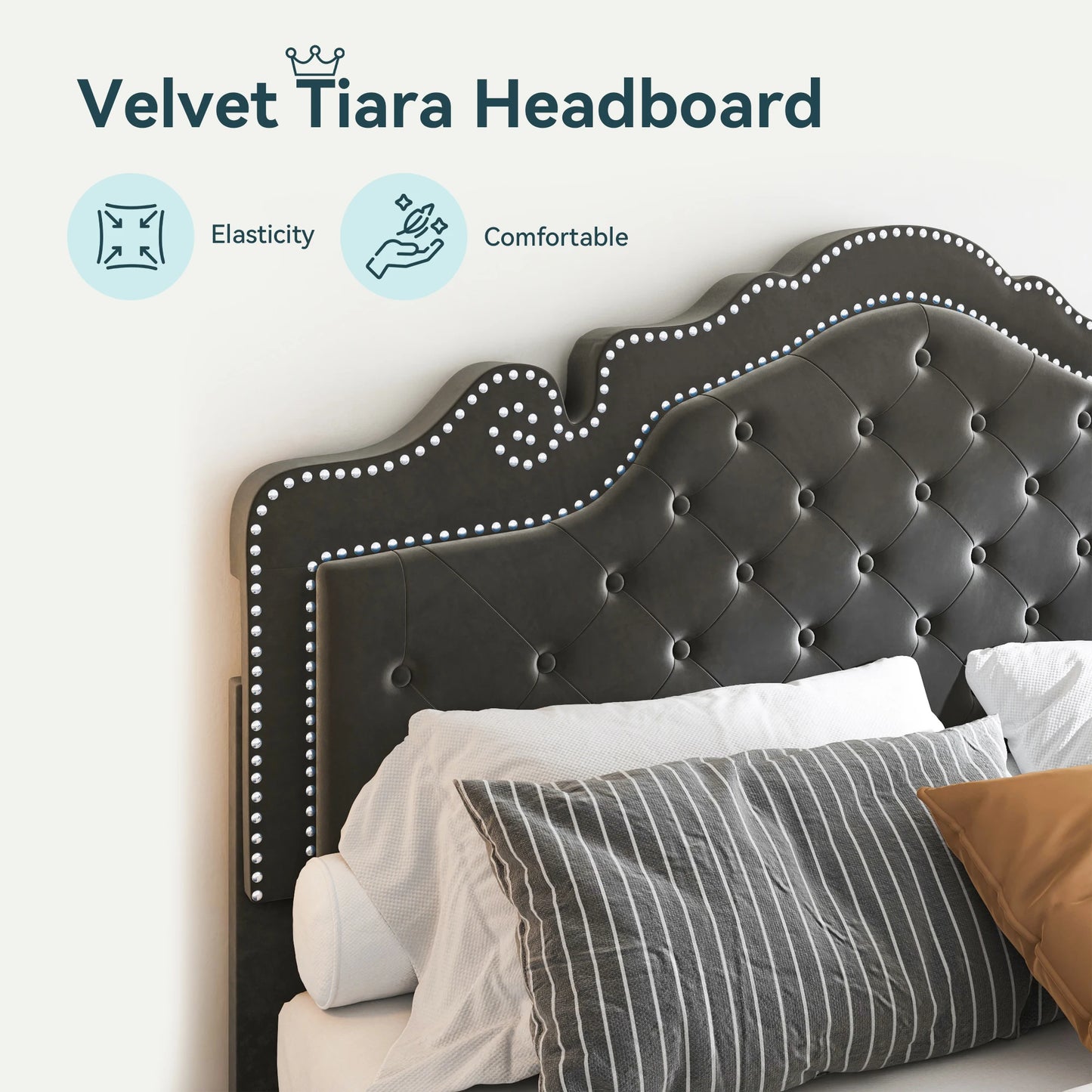 HOOMIC Velvet Bed Frame With Adjustable Tiara Headboard Diamond Tufted