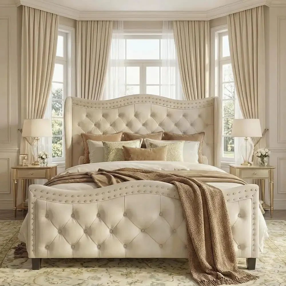 Velvet Button-Tufted Wingback Platform Bed With Headboard No Box Spring